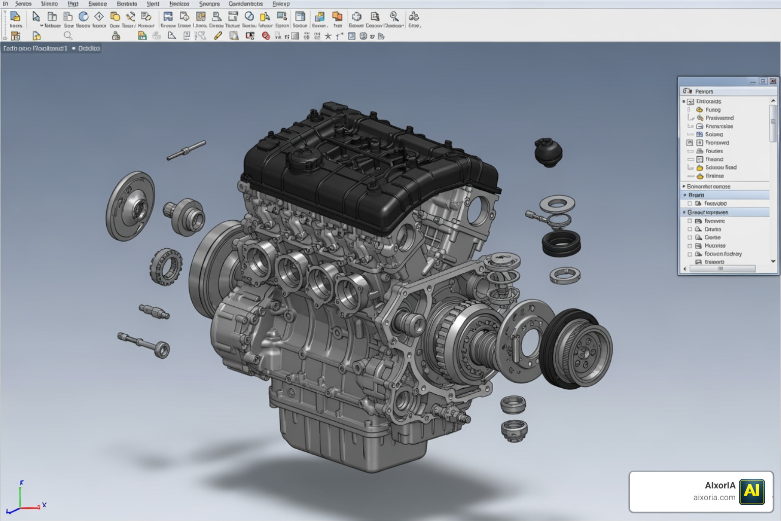 High-precision mechanical engine assembly shown in professional CAD software with exploded view