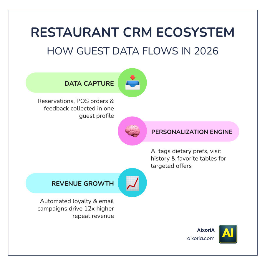 Restaurant CRM ecosystem 2026: guest data flow, POS, reservations, marketing automation, loyalty infographic Restaurant CRM ecosystem 2026: guest data flow, POS, reservations, marketing automation, loyalty infographic
