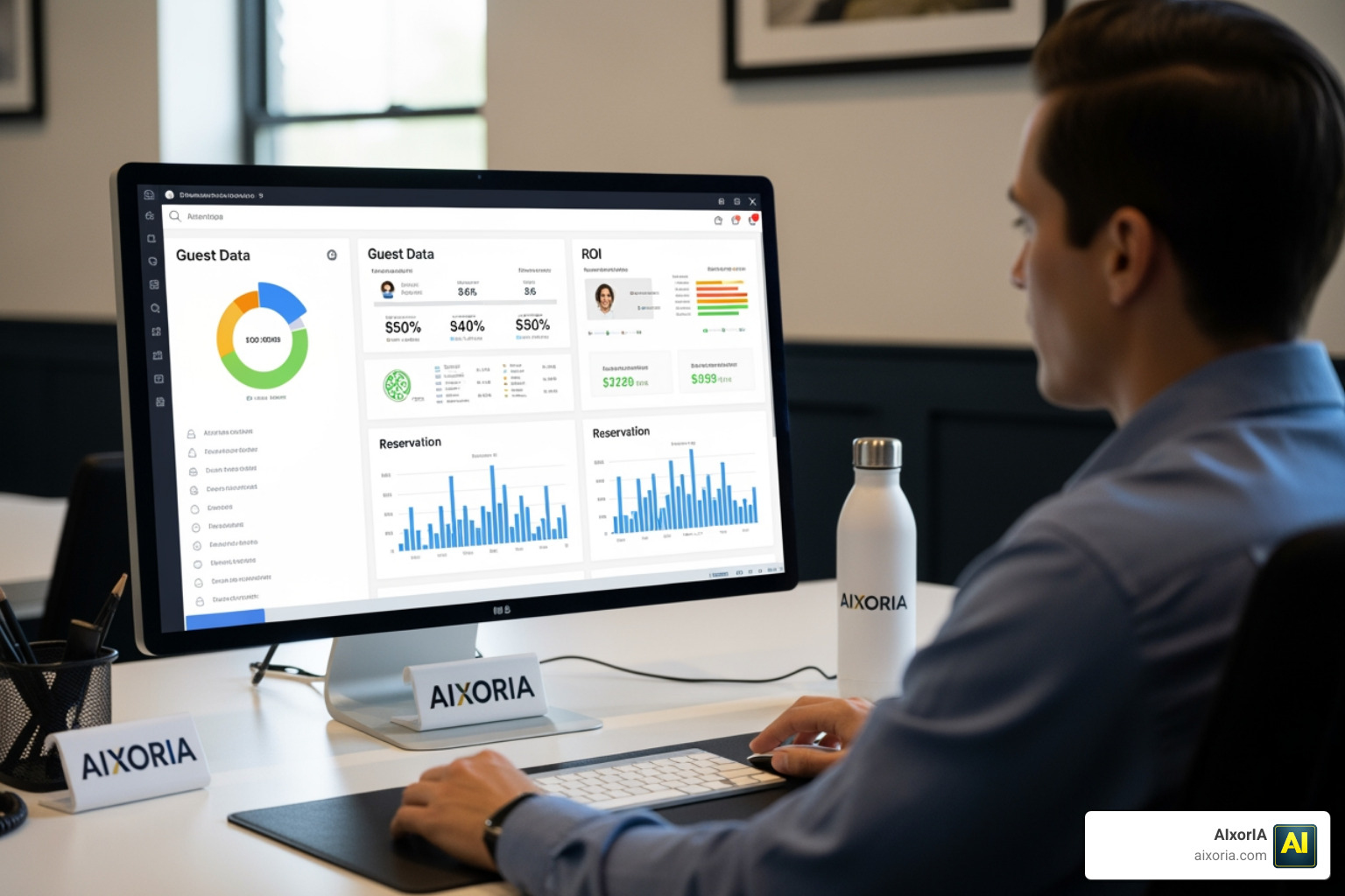 A restaurant manager analyzing guest data and ROI metrics on a dashboard A restaurant manager analyzing guest data and ROI metrics on a dashboard