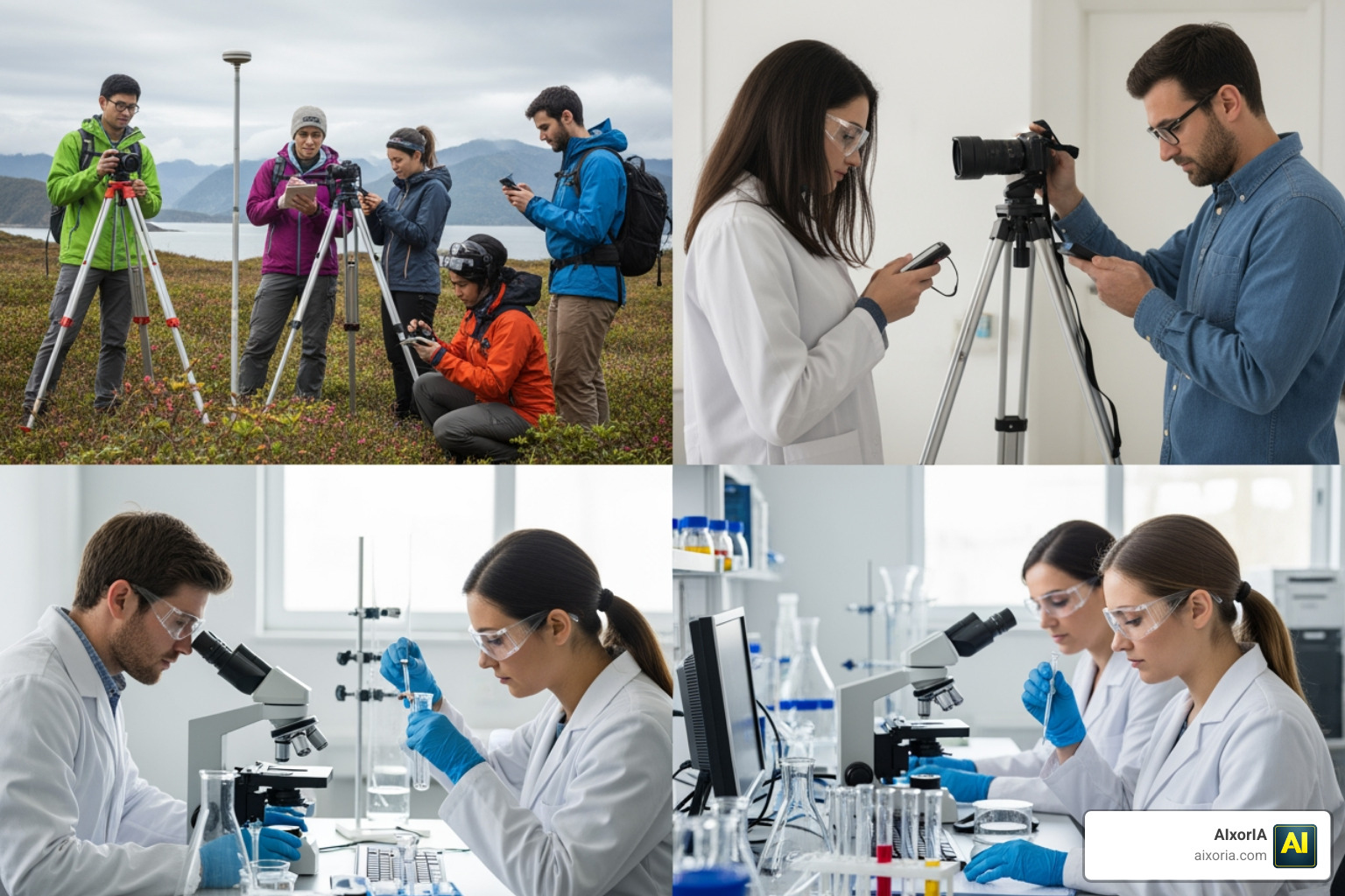 researchers conducting field surveys and lab experiments