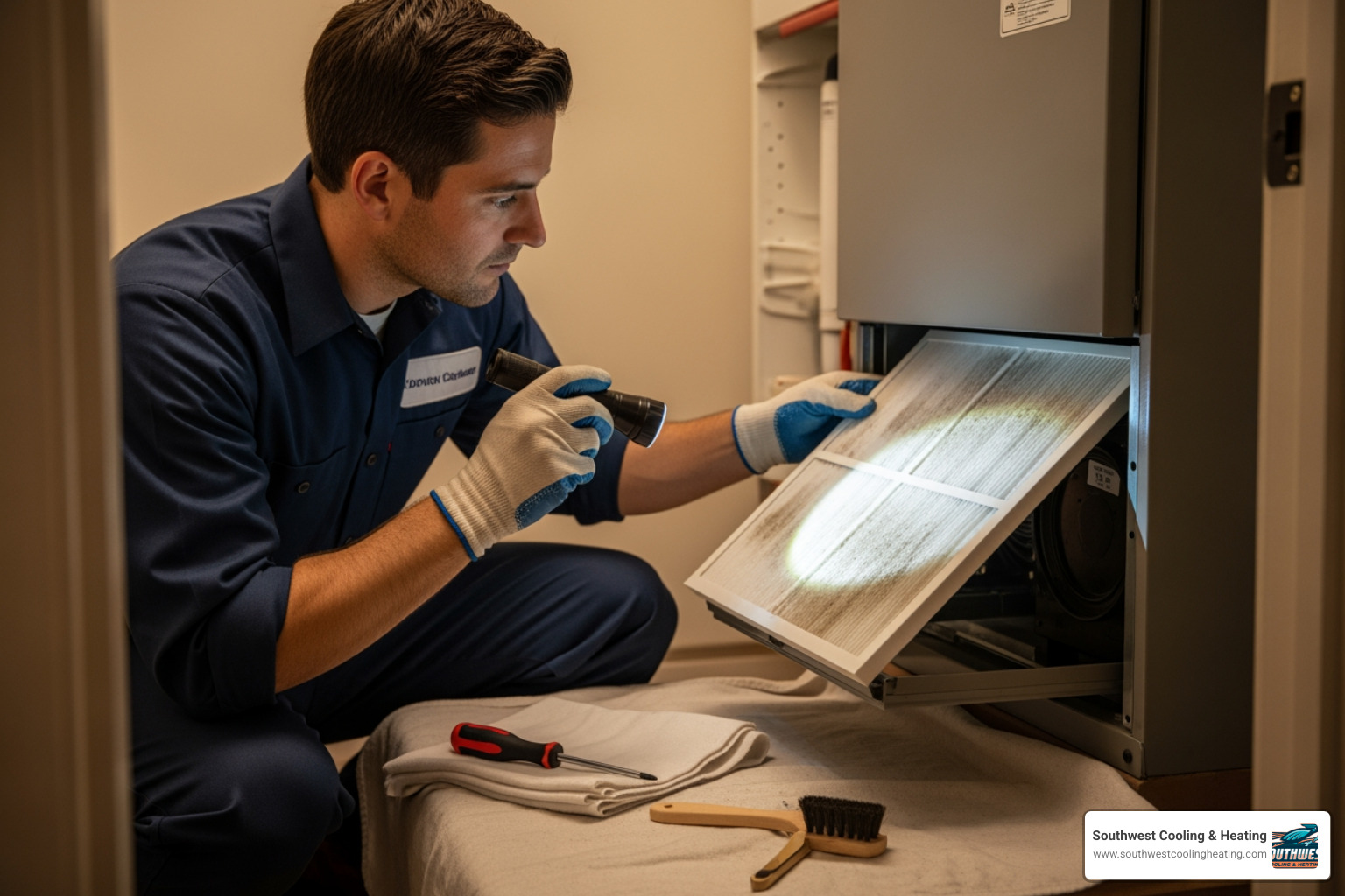 HVAC technician inspecting a high-efficiency MERV 13 air filter for dust accumulation HVAC technician inspecting a high-efficiency MERV 13 air filter for dust accumulation