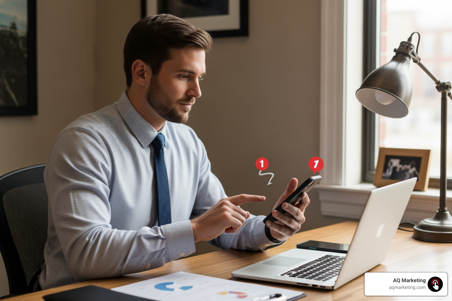 Insurance agent responding to a lead notification on a smartphone Insurance agent responding to a lead notification on a smartphone