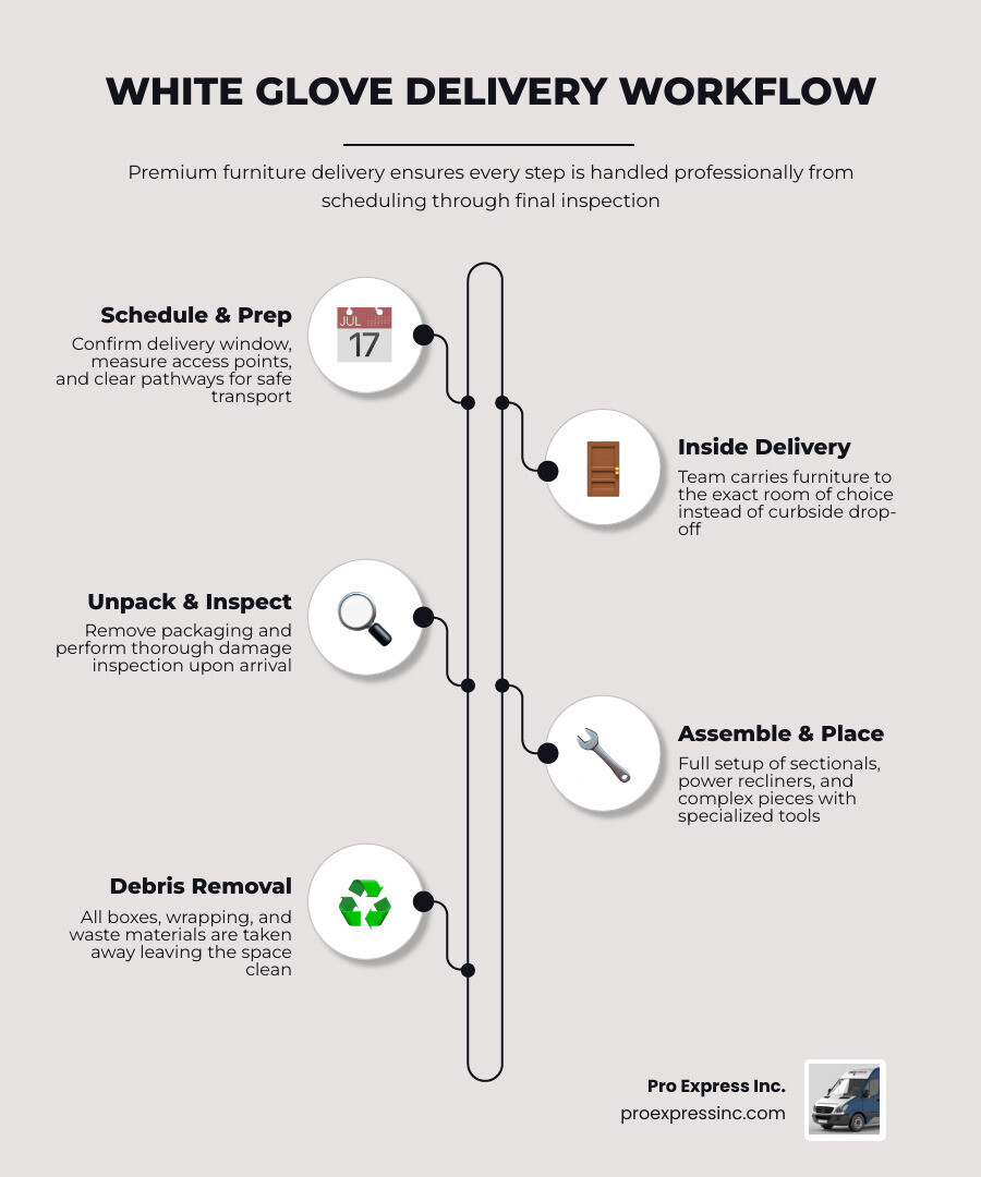 White glove delivery workflow: scheduling, site prep, inside delivery, assembly, inspection, debris removal infographic White glove delivery workflow: scheduling, site prep, inside delivery, assembly, inspection, debris removal infographic