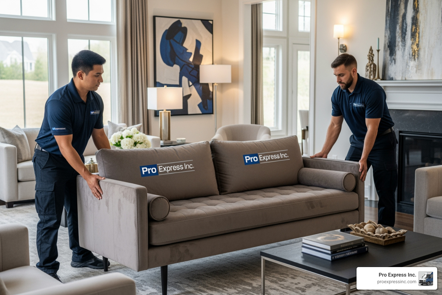 Inside delivery service team placing a high-end sofa in a luxury living room Inside delivery service team placing a high-end sofa in a luxury living room