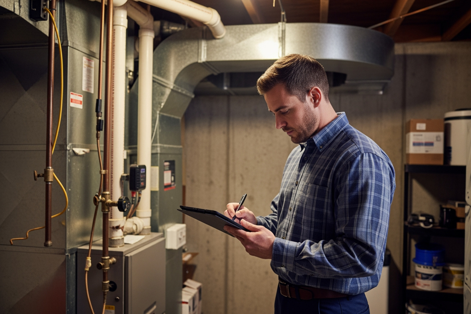 certified HVAC technician performing a load calculation in a home certified HVAC technician performing a load calculation in a home