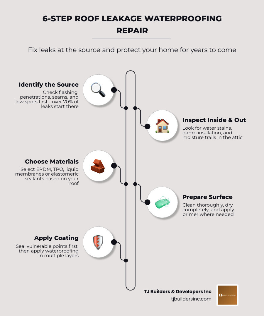 Infographic showing common roof leak sources, waterproofing material types, and a 6-step repair process infographic