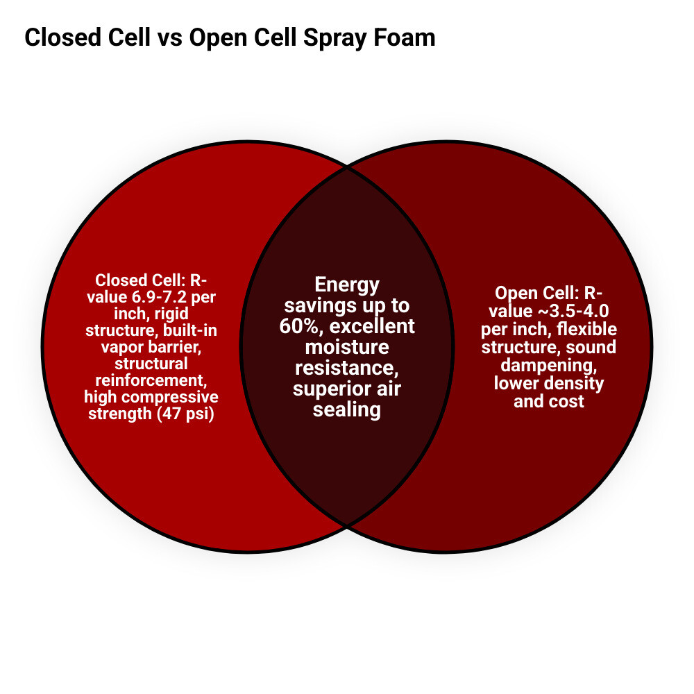 Comparison infographic: open cell vs closed cell spray foam structure, R-value, density, and moisture resistance infographic