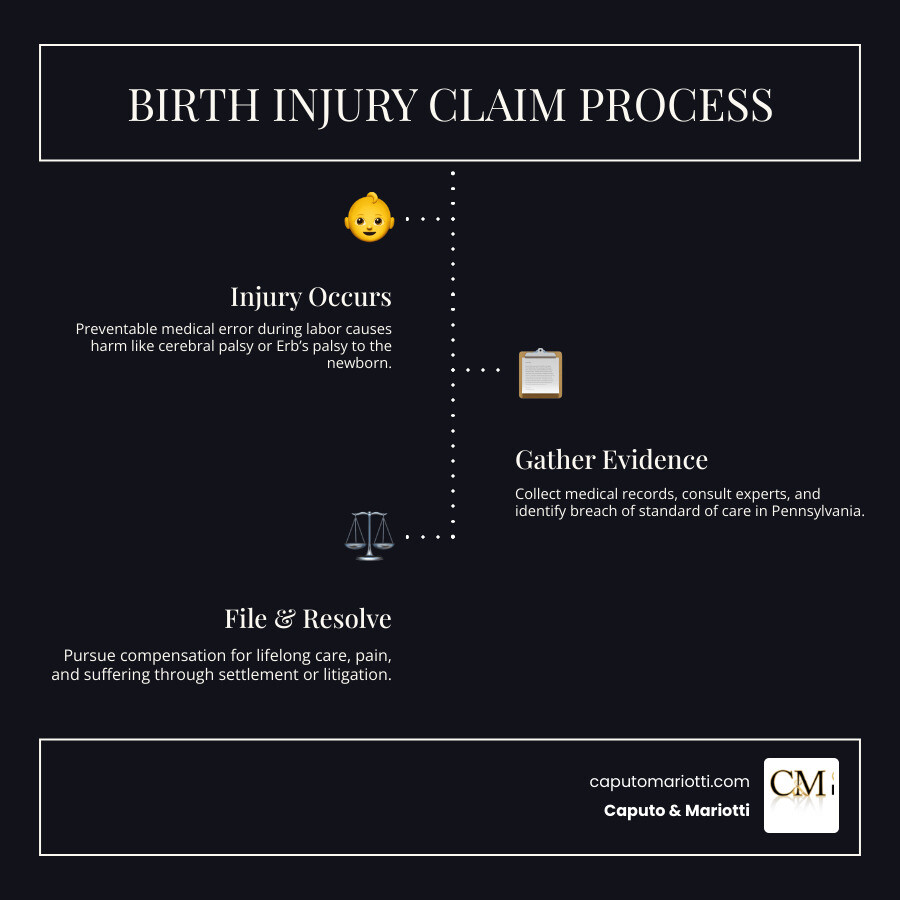 Table comparing common birth injuries: Cerebral Palsy (oxygen deprivation), Erb's Palsy (nerve damage), Fractures (physical Table comparing common birth injuries: Cerebral Palsy (oxygen deprivation), Erb's Palsy (nerve damage), Fractures (physical