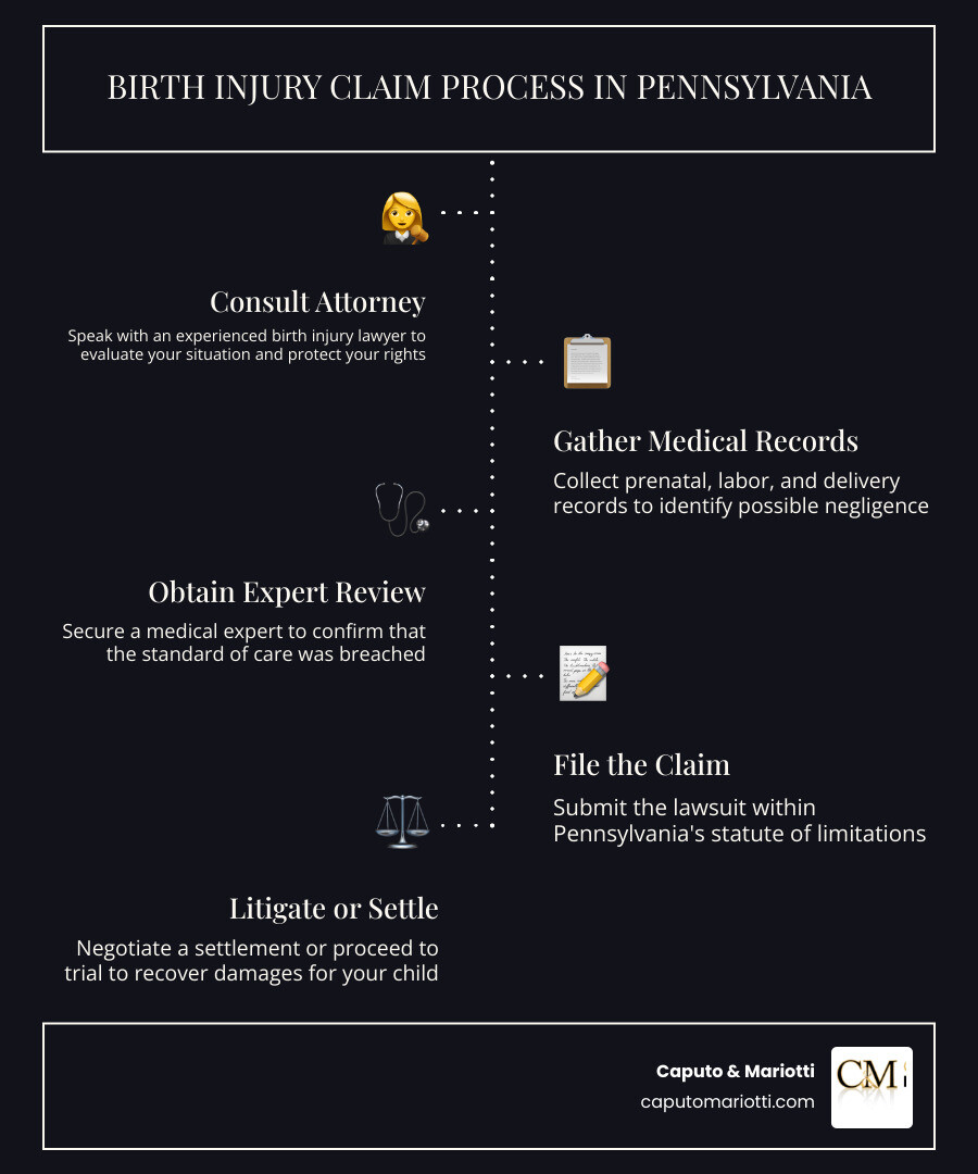 Infographic showing birth injury claim process in Pennsylvania: injury occurs, consult attorney, gather records, file claim Infographic showing birth injury claim process in Pennsylvania: injury occurs, consult attorney, gather records, file claim