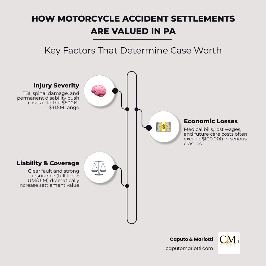 Infographic showing PA motorcycle accident settlement tiers from small claims to multi-million dollar catastrophic injury Infographic showing PA motorcycle accident settlement tiers from small claims to multi-million dollar catastrophic injury