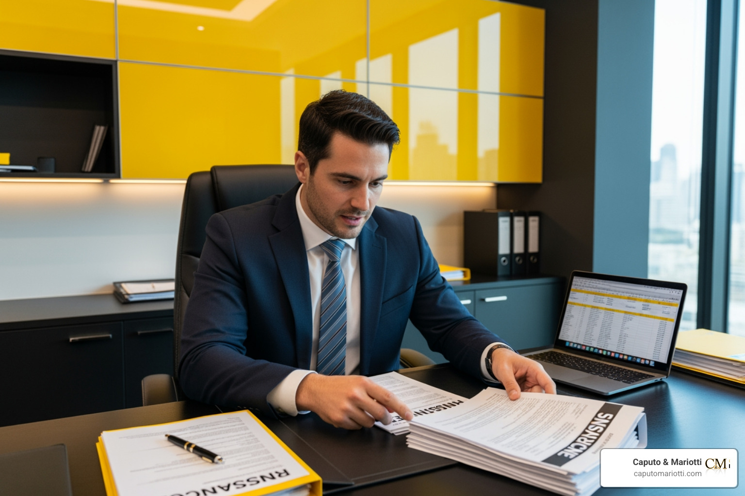 An attorney in a yellow and black themed office negotiating a settlement with insurance documents An attorney in a yellow and black themed office negotiating a settlement with insurance documents