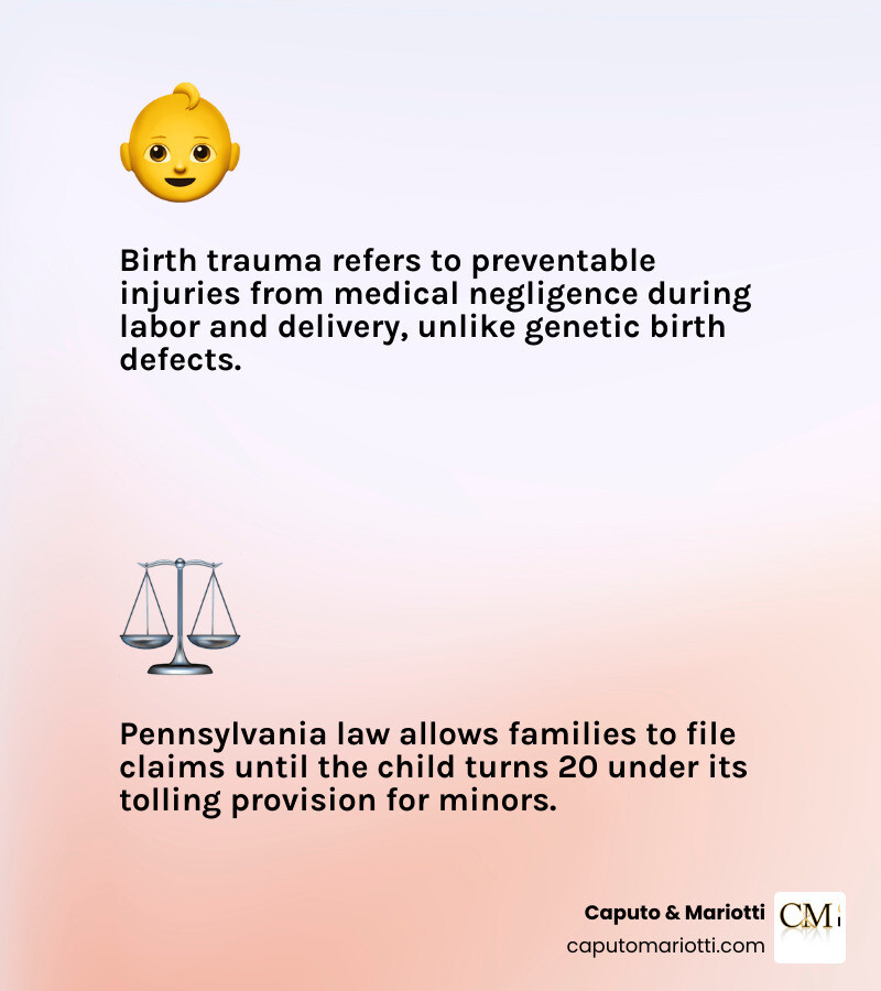 Infographic comparing birth trauma vs birth defects, Pennsylvania legal rights, filing deadlines, and compensation types Infographic comparing birth trauma vs birth defects, Pennsylvania legal rights, filing deadlines, and compensation types