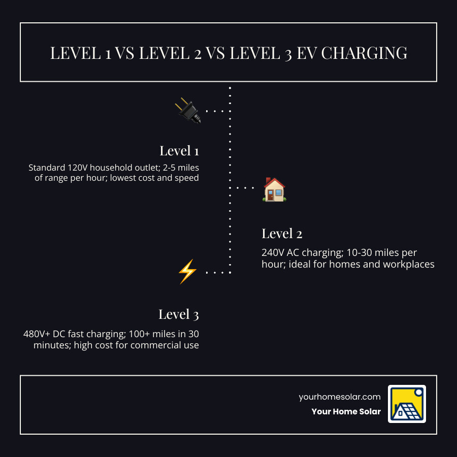 Infographic comparing Level 1, Level 2, and Level 3 EV charging speeds, voltages, and estimated costs infographic Infographic comparing Level 1, Level 2, and Level 3 EV charging speeds, voltages, and estimated costs infographic