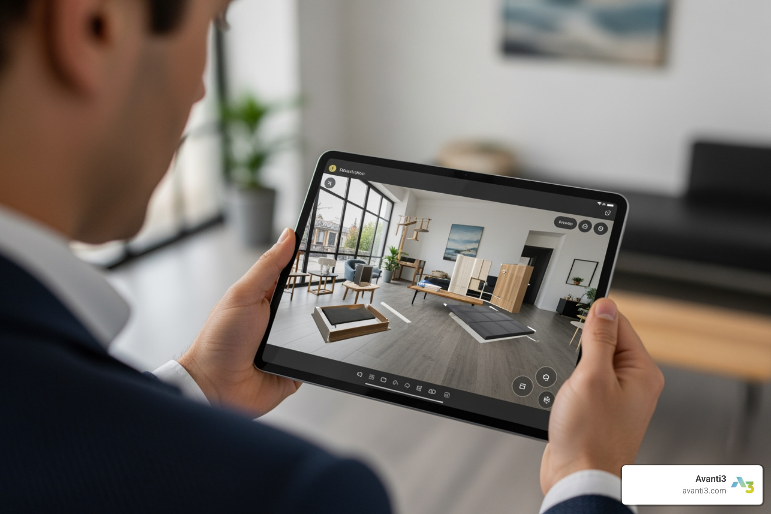 developer using a tablet to place 3D models in a physical room developer using a tablet to place 3D models in a physical room