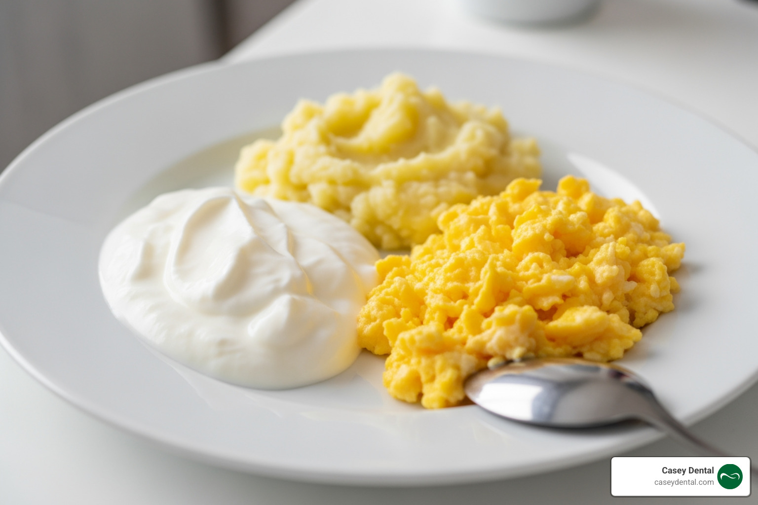 A healthy meal consisting of soft foods like yogurt and mashed potatoes