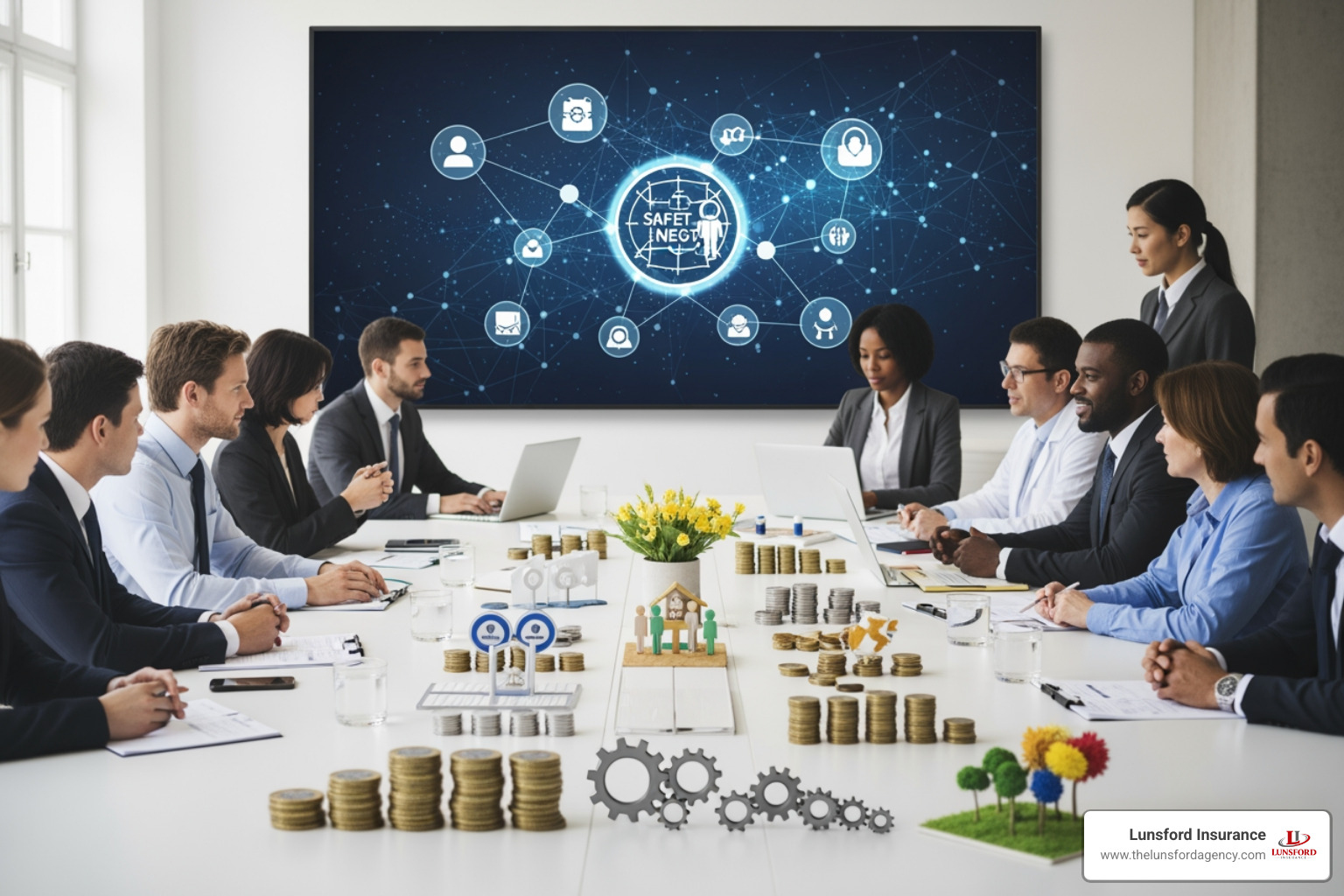 Professional setting showing a clean, organized representation of pooled resources and safety net concepts Professional setting showing a clean, organized representation of pooled resources and safety net concepts