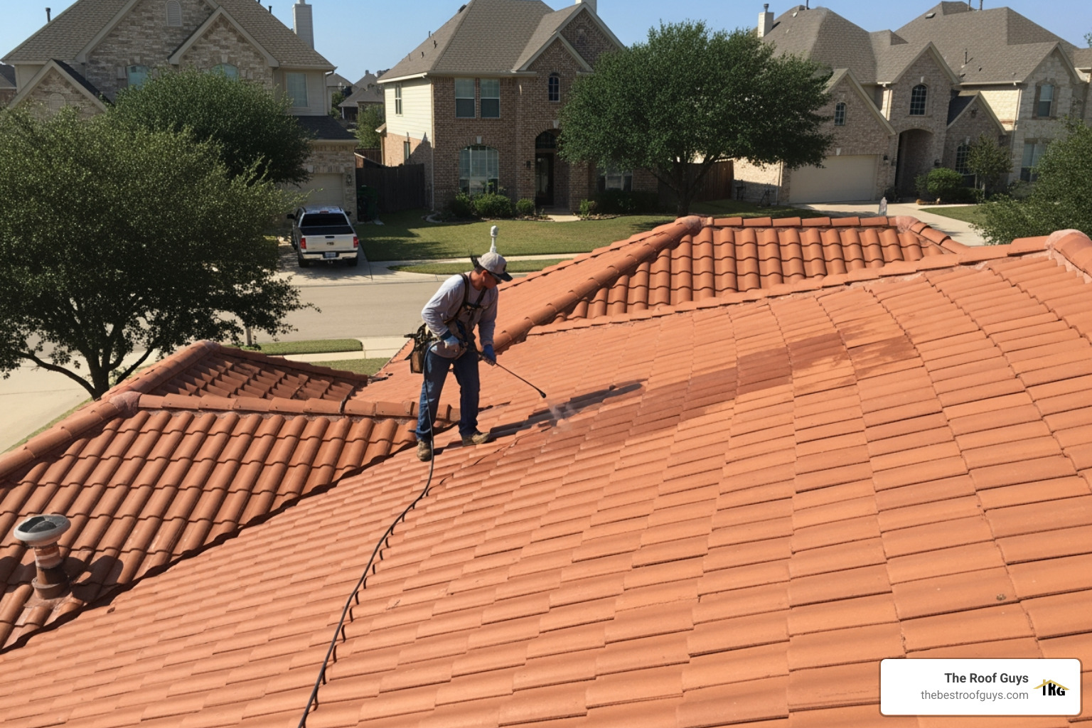 professional using a soft-wash system on a tile roof professional using a soft-wash system on a tile roof
