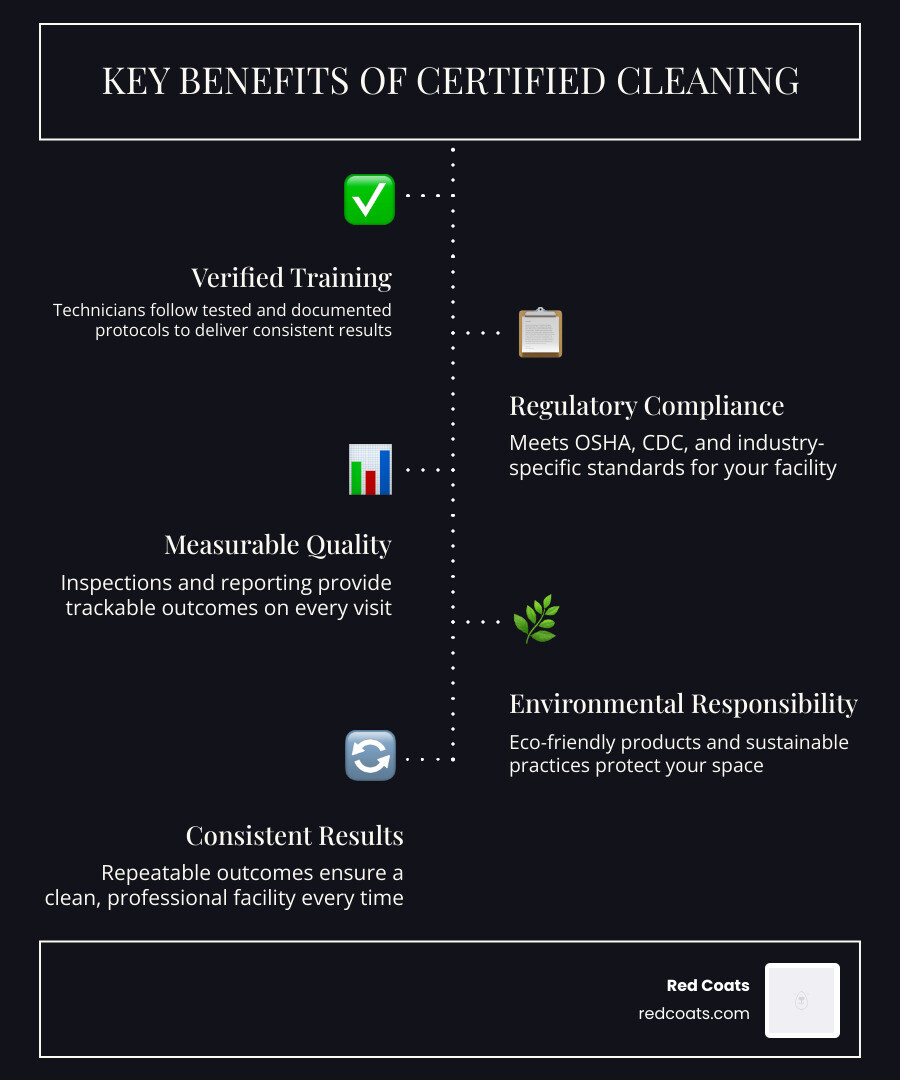Infographic showing 5 key benefits of certified janitorial services for commercial facilities in Greensboro NC infographic