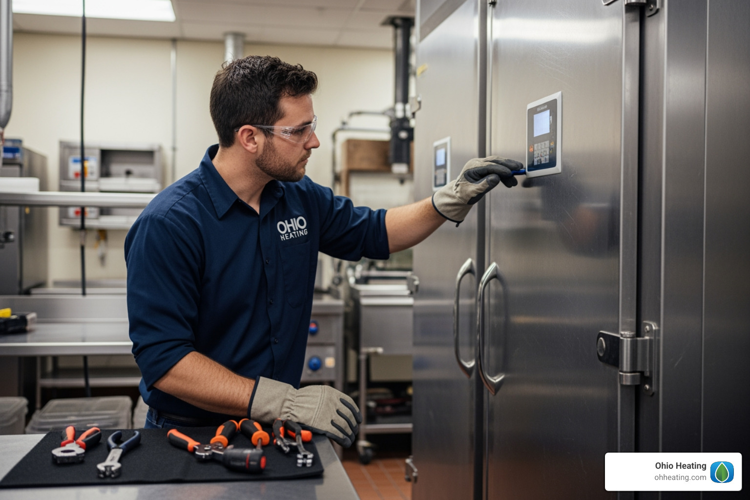 A technician wearing an Ohio Heating logo shirt inspecting a large walk-in refrigeration unit