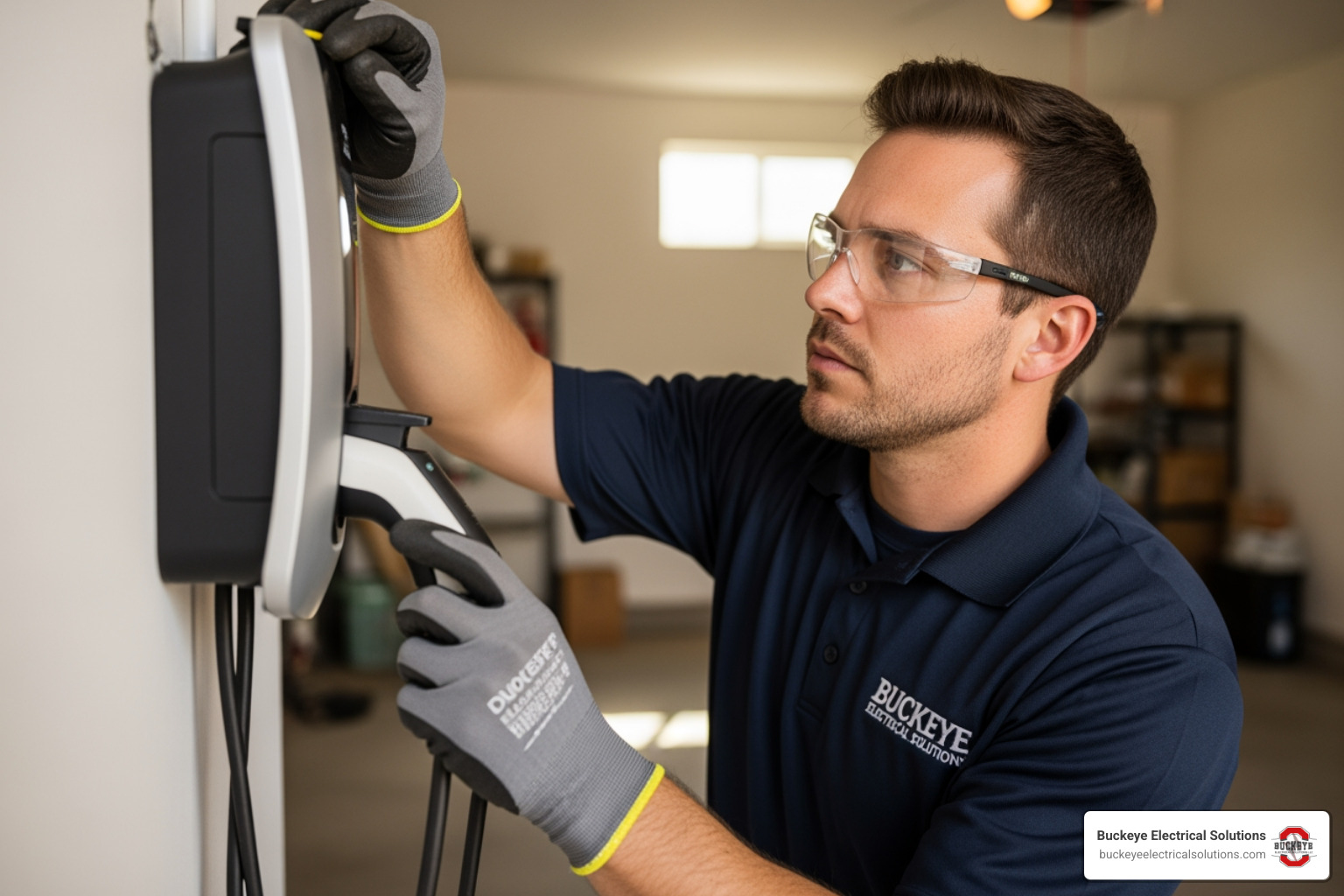 professional electrician installing an EV charging station in a residential garage