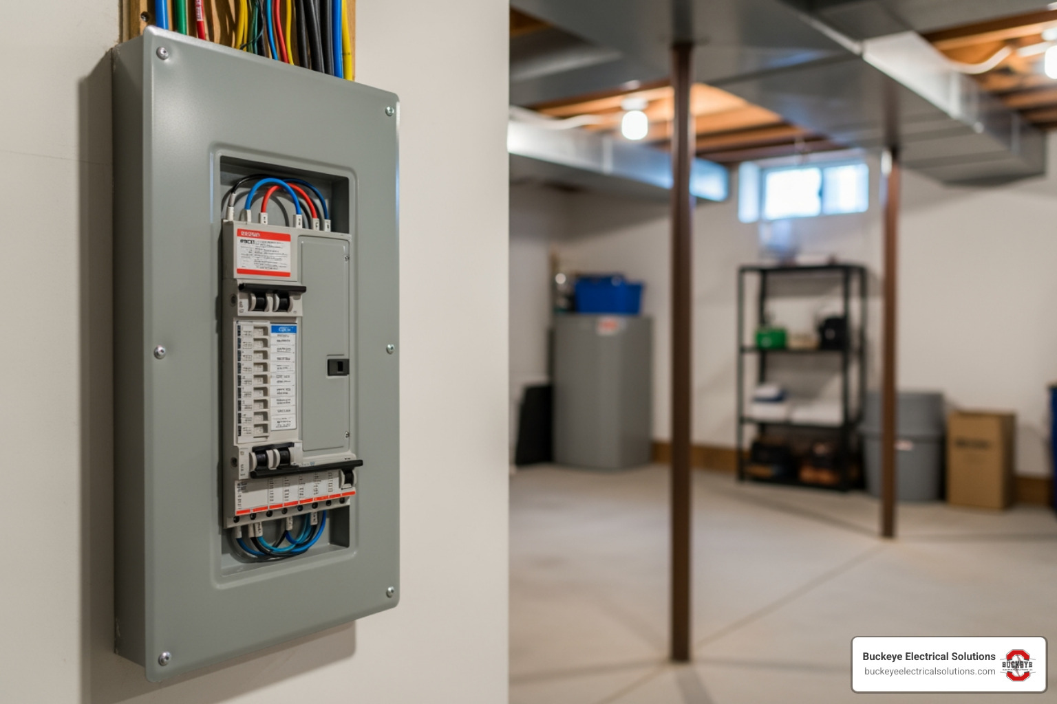 modern circuit breaker panel in a clean Ohio basement