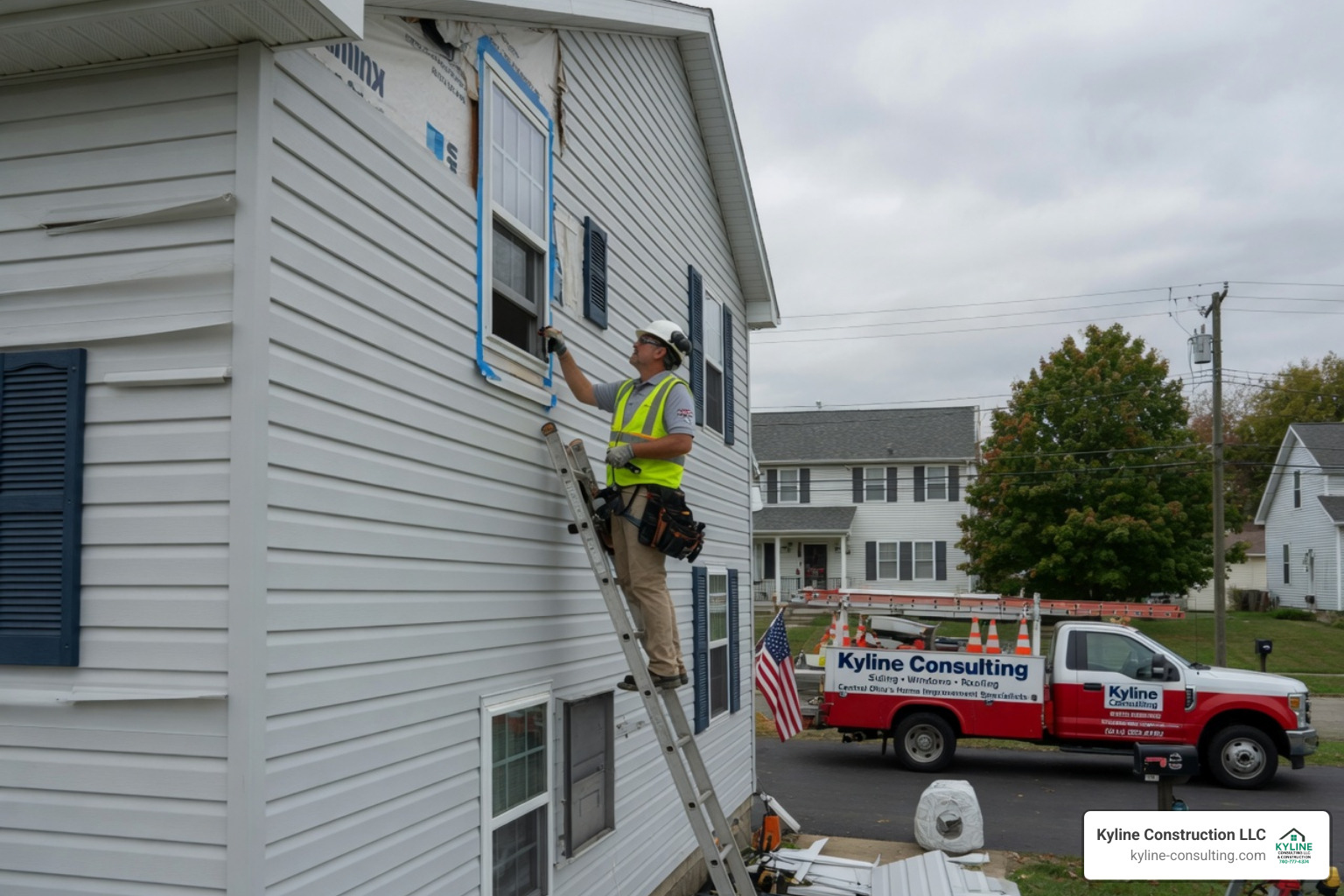 Shawn inspecting a siding job site with a Kyline Consulting truck in the background Shawn inspecting a siding job site with a Kyline Consulting truck in the background