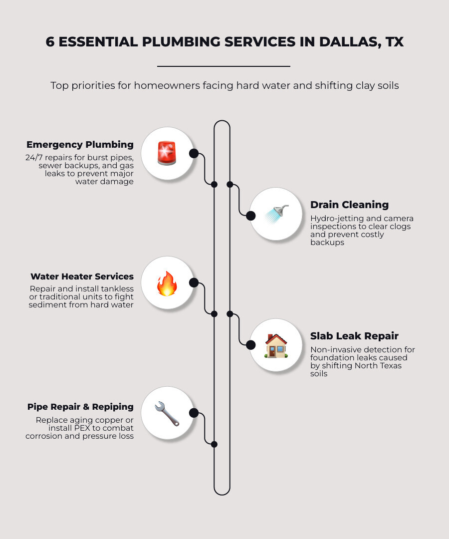 Infographic showing common plumbing services in Dallas TX, water waste from leaks, and tips for choosing a licensed plumber