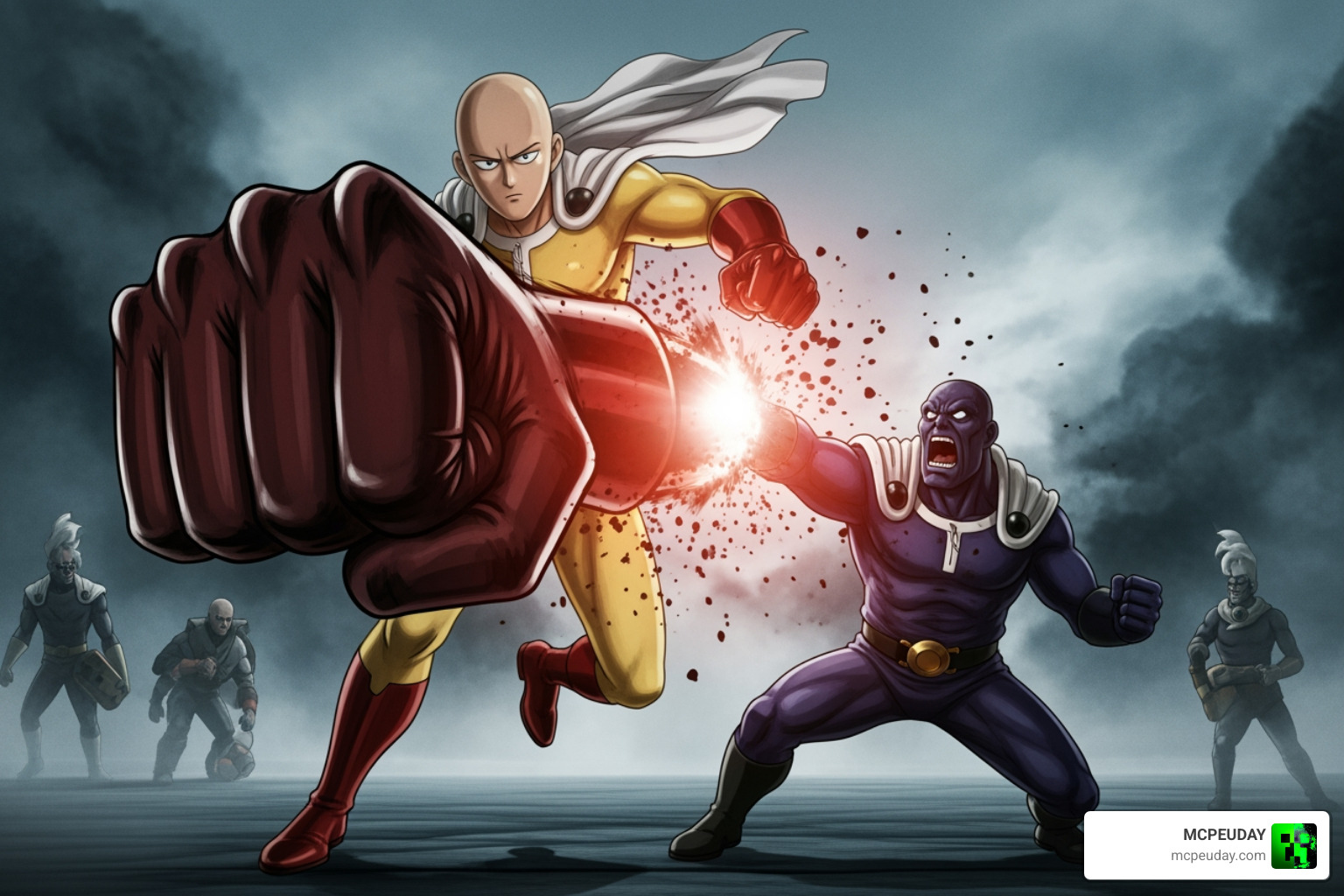 Saitama delivering a massive punch to a boss mob with custom particle effects