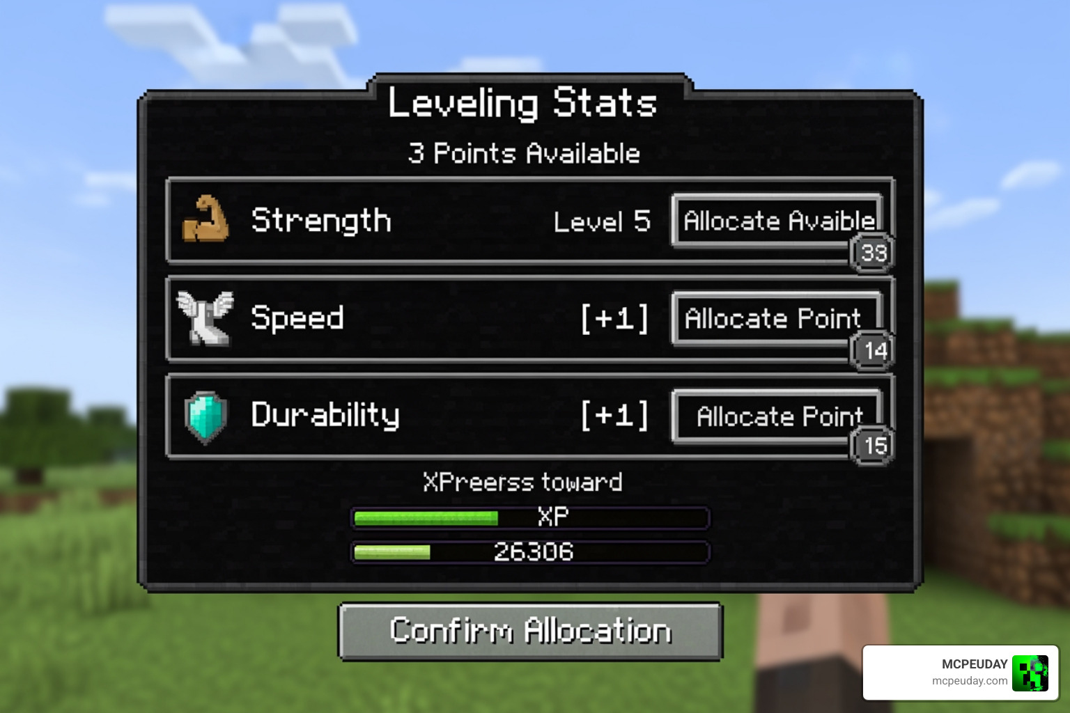 UI showing the player leveling screen and stat allocation for Strength, Speed, and Durability