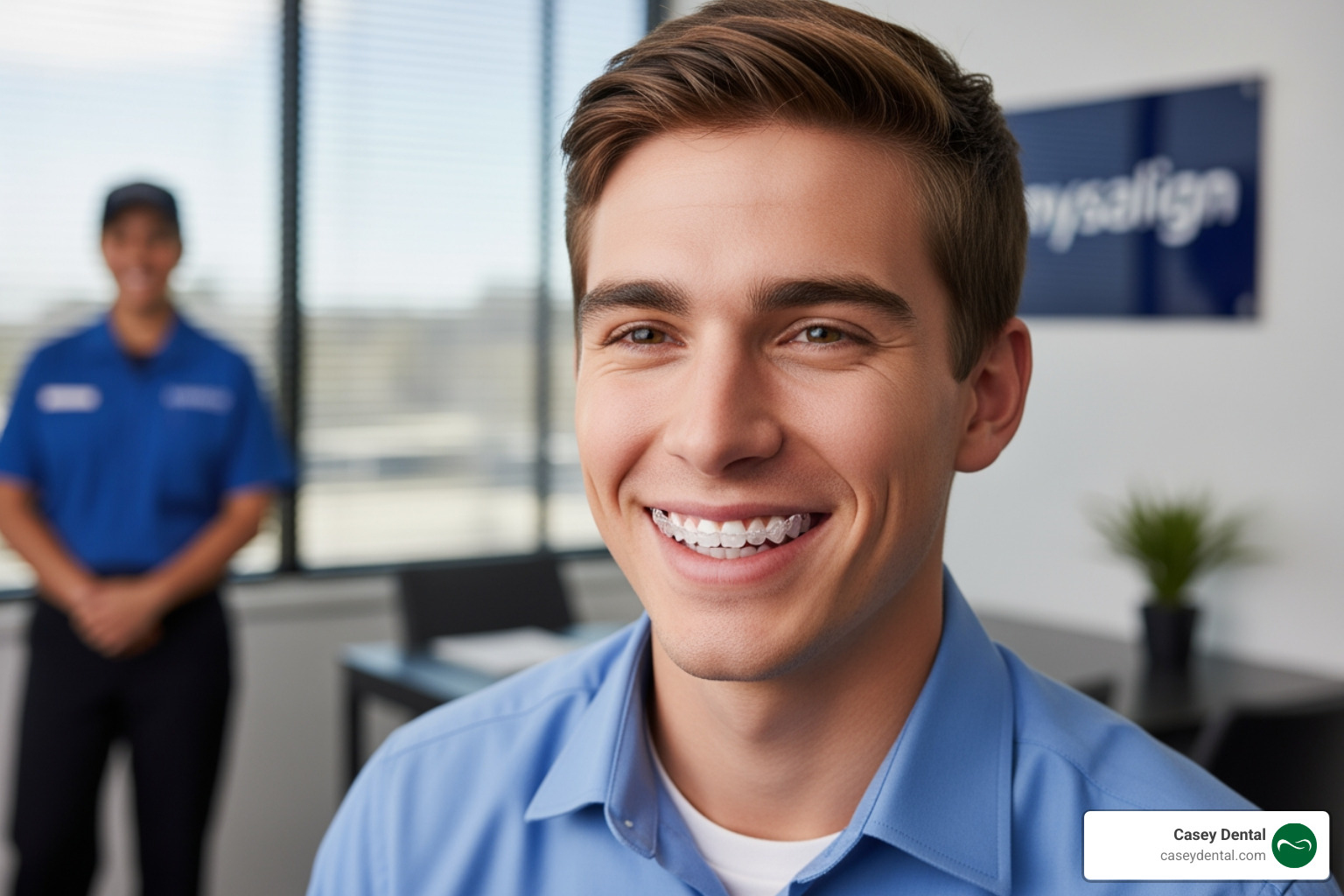 Patient wearing a clear aligner, showing how discreet it looks in daily life