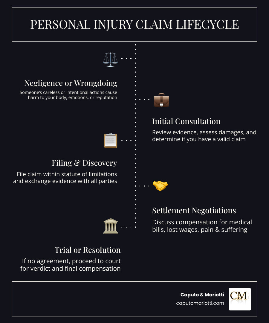 Personal injury claim lifecycle infographic: negligence, filing, discovery, settlement, trial infographic Personal injury claim lifecycle infographic: negligence, filing, discovery, settlement, trial infographic