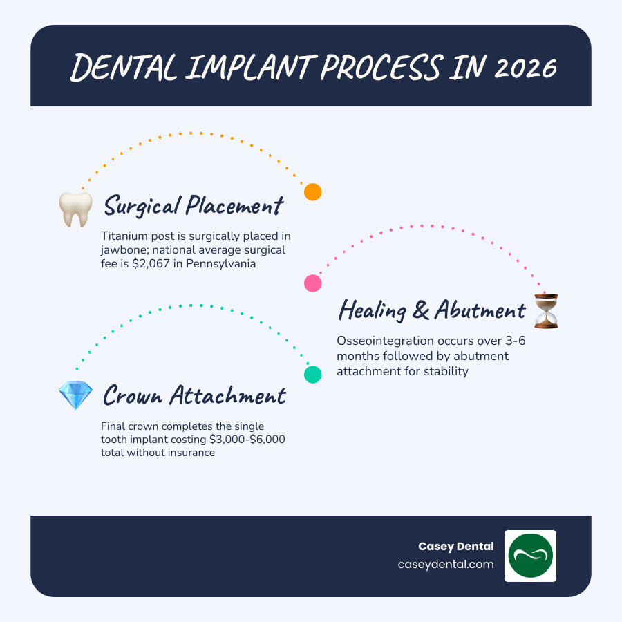 Infographic showing dental implant cost breakdown: single tooth $3,000-$6,000, components, and insurance impact infographic Infographic showing dental implant cost breakdown: single tooth $3,000-$6,000, components, and insurance impact infographic