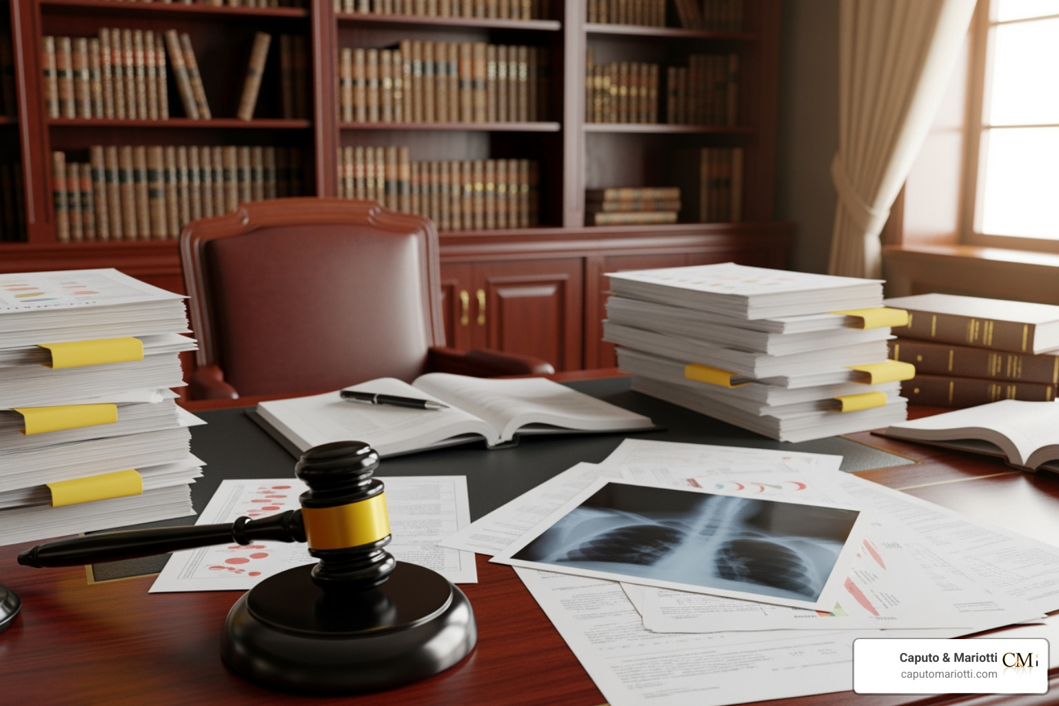Graphic showing a law office setting with medical documentation and a yellow and black legal gavel Graphic showing a law office setting with medical documentation and a yellow and black legal gavel