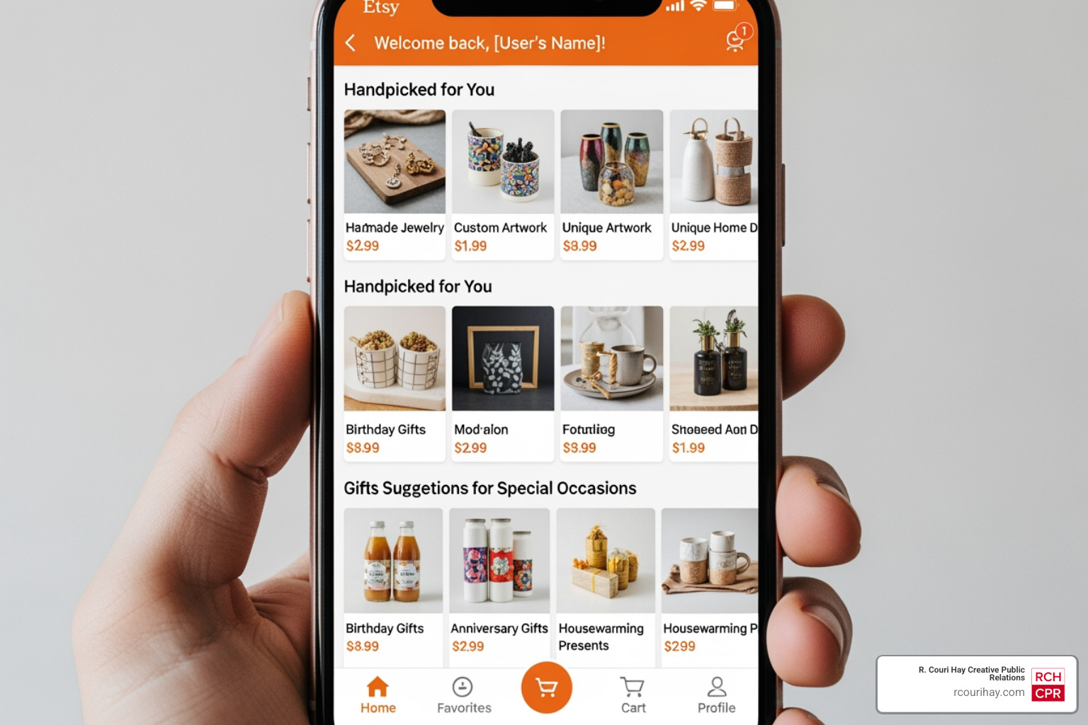 The Etsy mobile interface showing a personalized home feed and gift recommendations The Etsy mobile interface showing a personalized home feed and gift recommendations