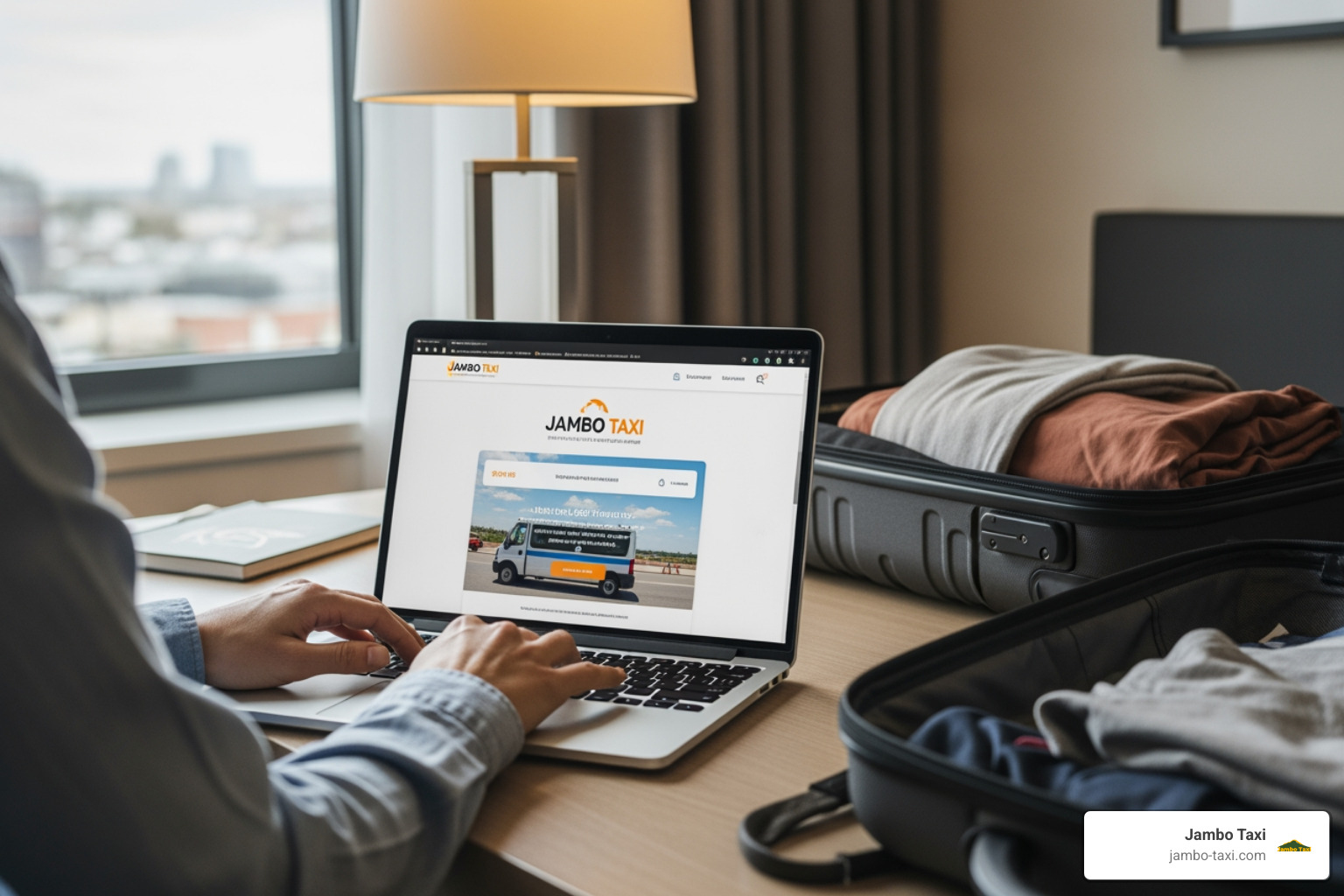 A traveler booking a ride on the Jambo Taxi website for their airport transfer A traveler booking a ride on the Jambo Taxi website for their airport transfer