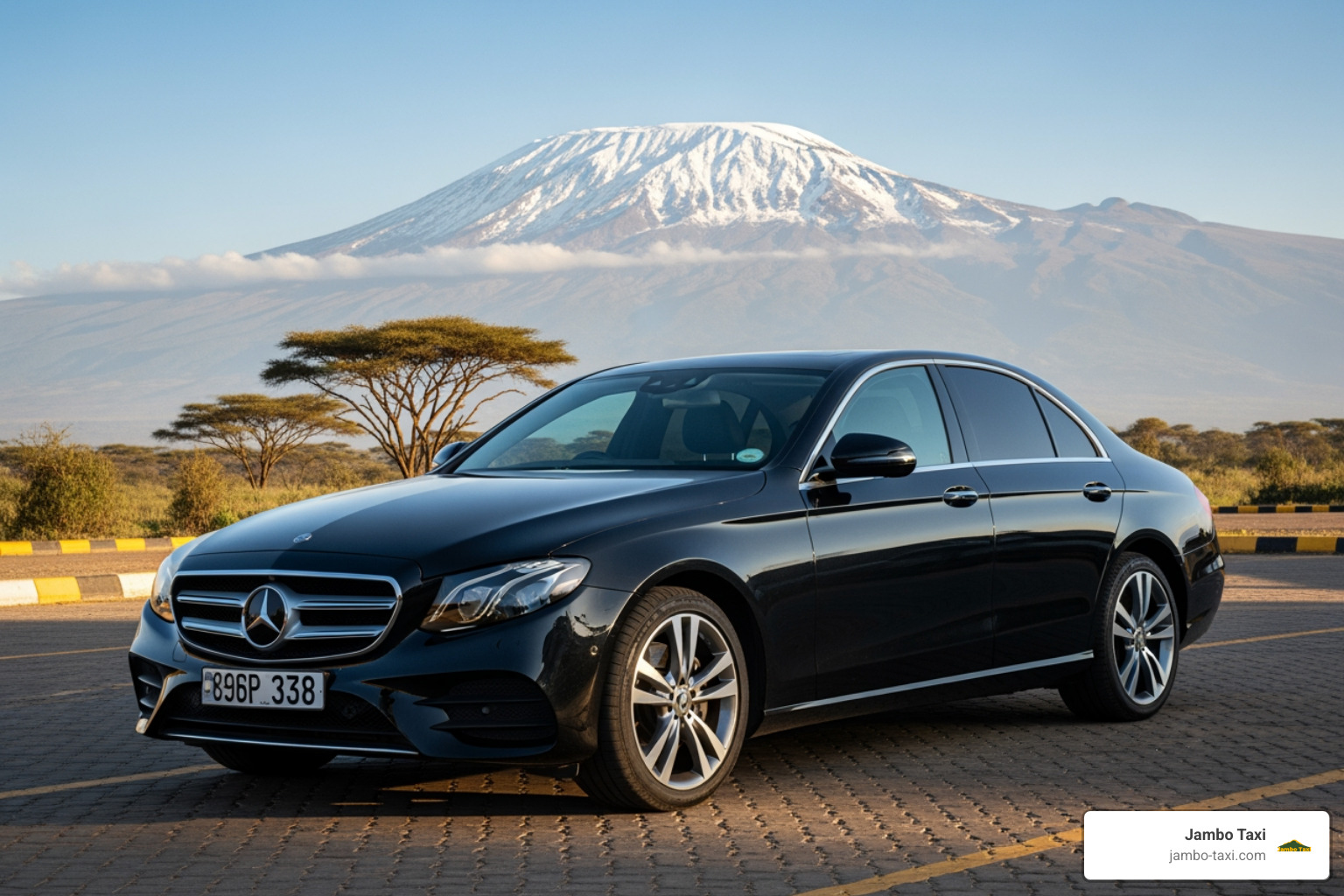 A clean, modern private transfer vehicle parked in Moshi with Mt. Kilimanjaro in the background A clean, modern private transfer vehicle parked in Moshi with Mt. Kilimanjaro in the background