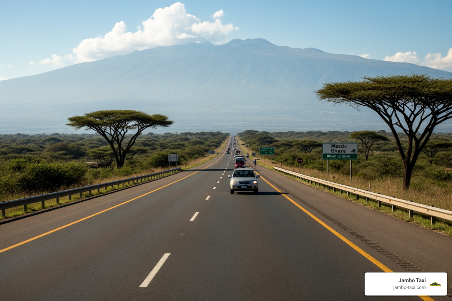 The main highway road to Arusha with a view of Mount Meru The main highway road to Arusha with a view of Mount Meru