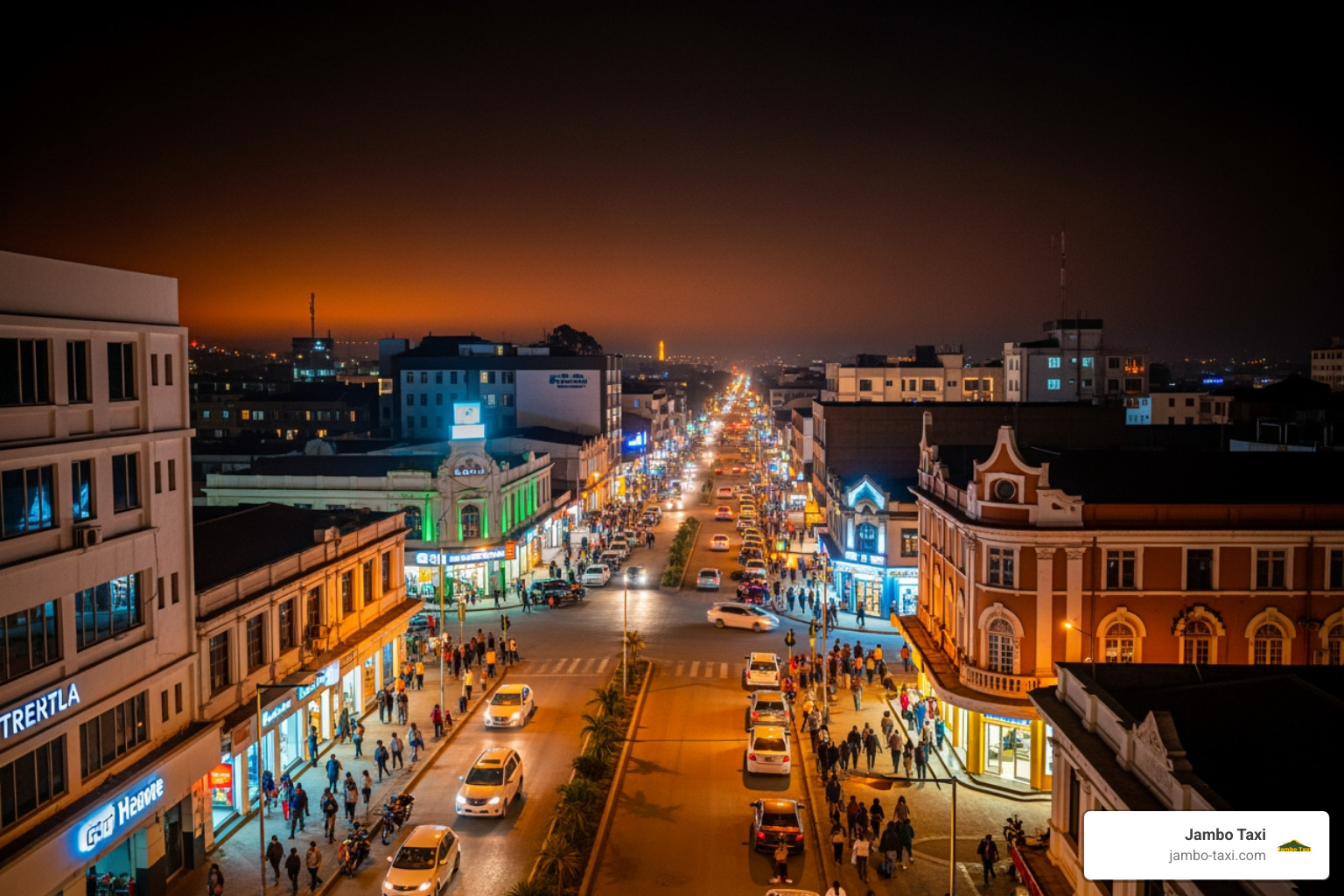 Night view of Arusha city center with lights and activity Night view of Arusha city center with lights and activity