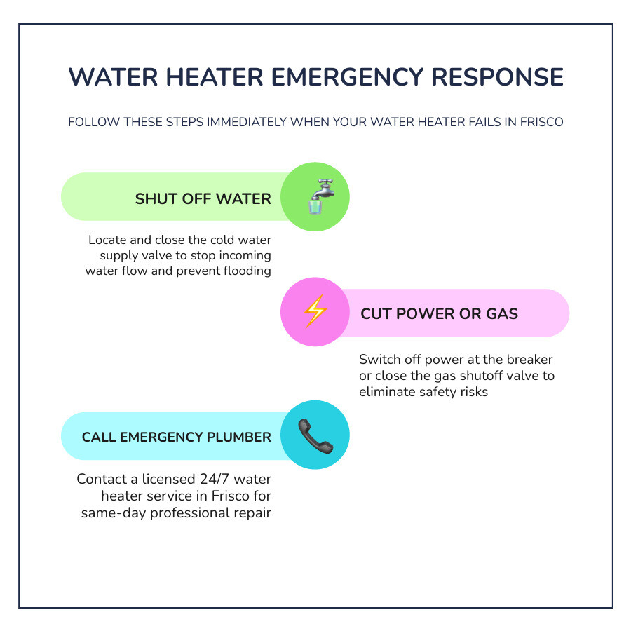 Infographic showing immediate steps when a water heater leaks: shut off water, cut power or gas, check for gas smell, call