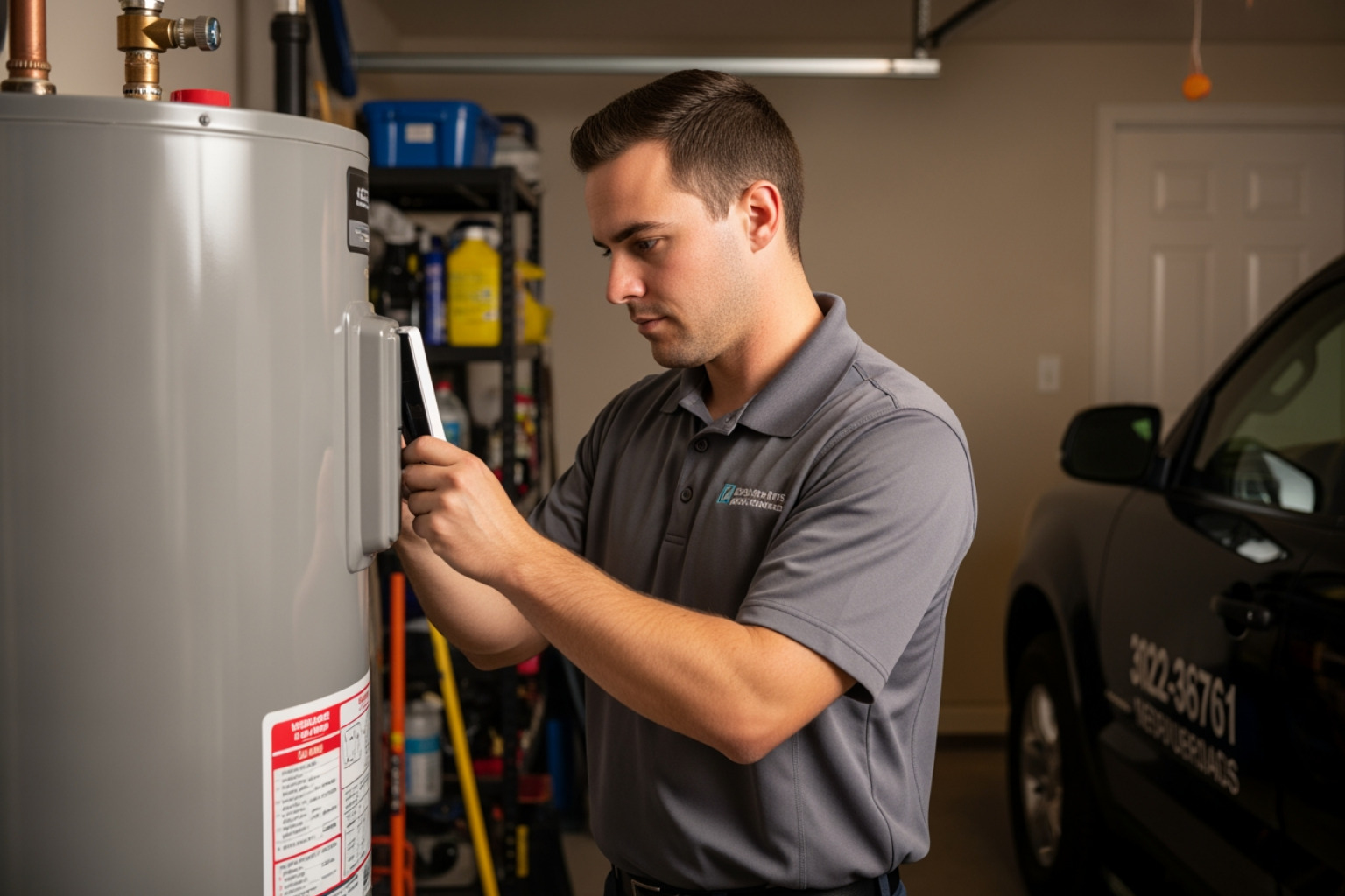 Professional technician in a gray polo inspecting a residential water heater in a Frisco garage
