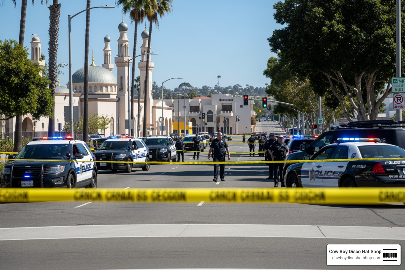 Law enforcement perimeter at the scene of the San Diego mosque shooting with yellow tape and police vehicles
