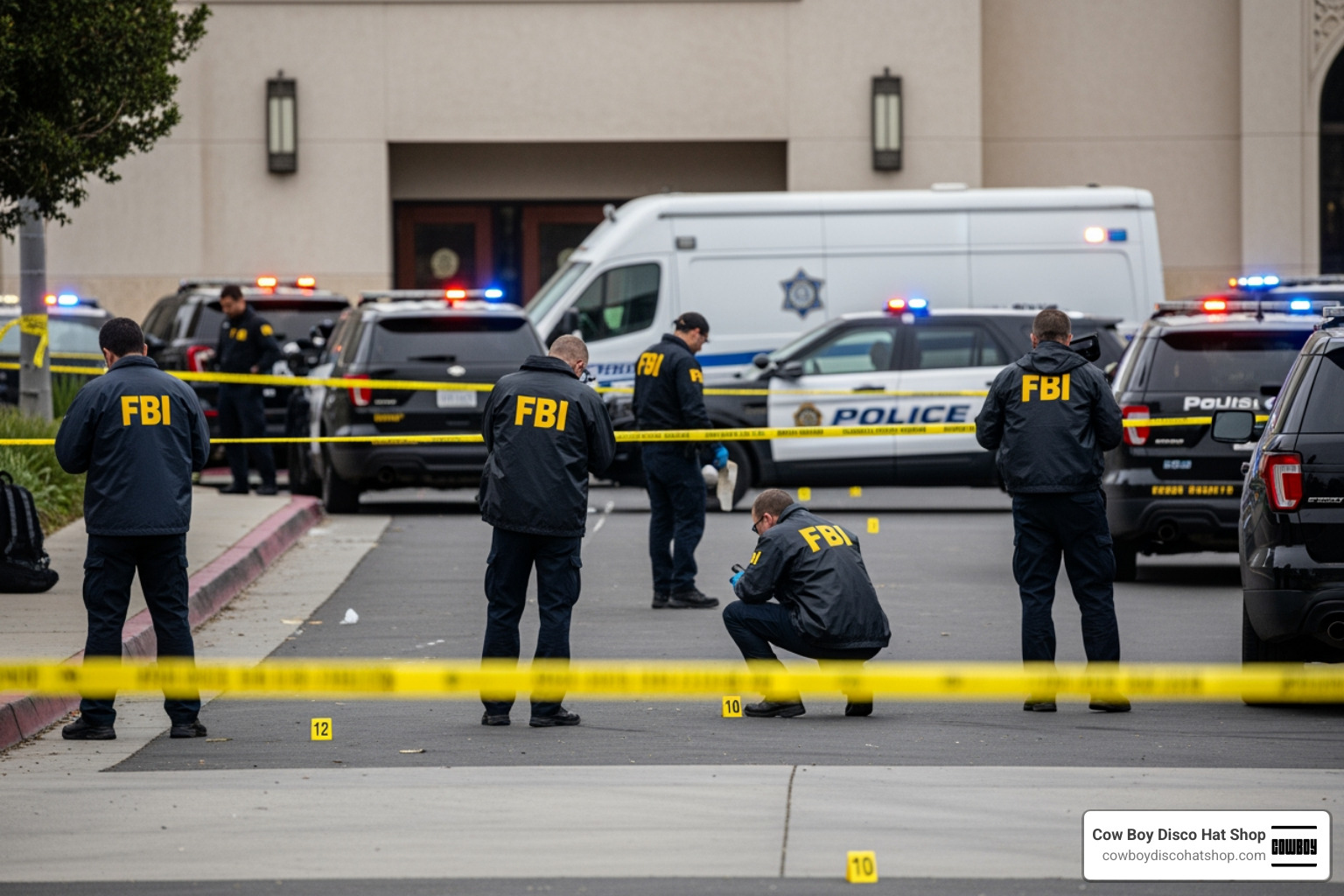 FBI investigators on site at the San Diego mosque shooting collecting evidence and documenting the scene