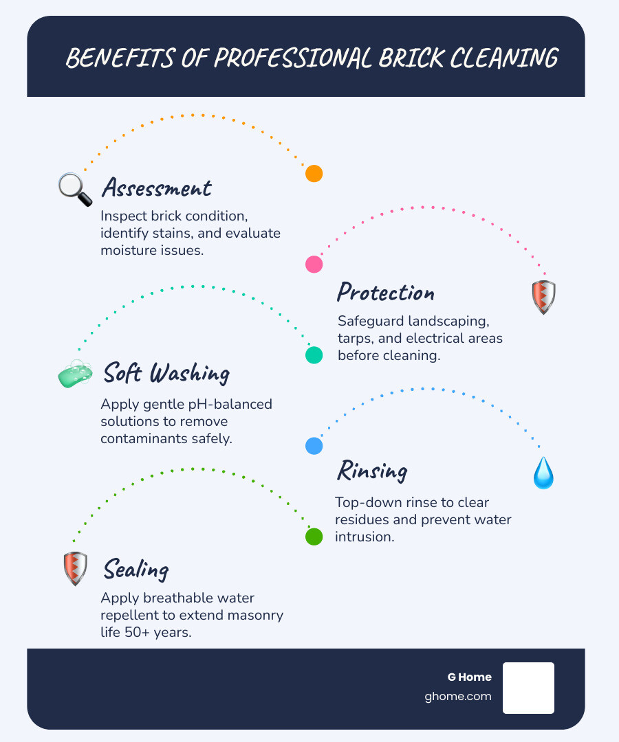 Infographic: Benefits of professional brick cleaning including increased home value, structural protection, and safety
