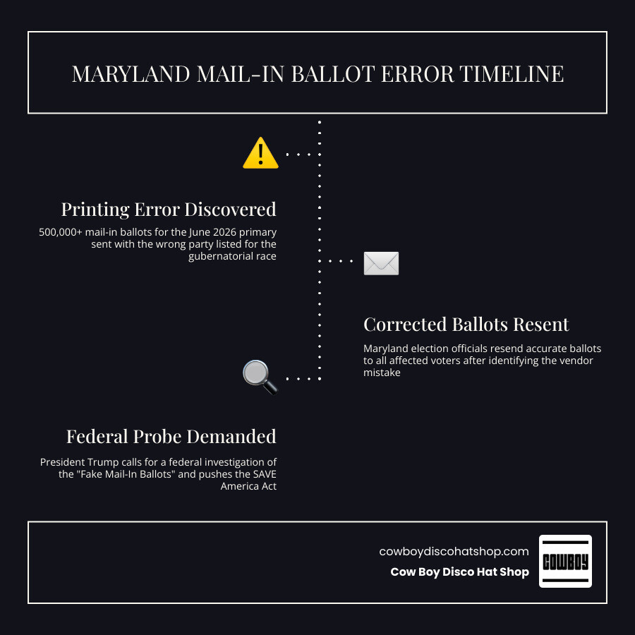 Timeline infographic of Maryland mail-in ballot error, resending process, and Trump's federal probe demand infographic