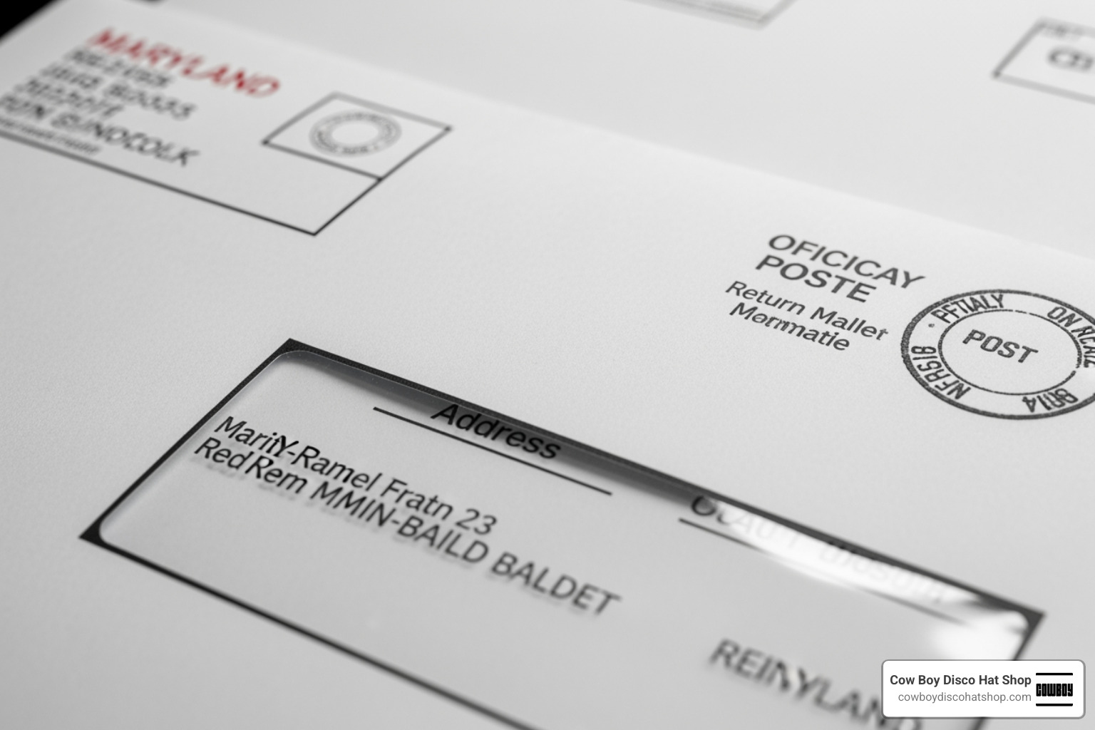 Photo of a Maryland mail-in ballot envelope ready for mailing