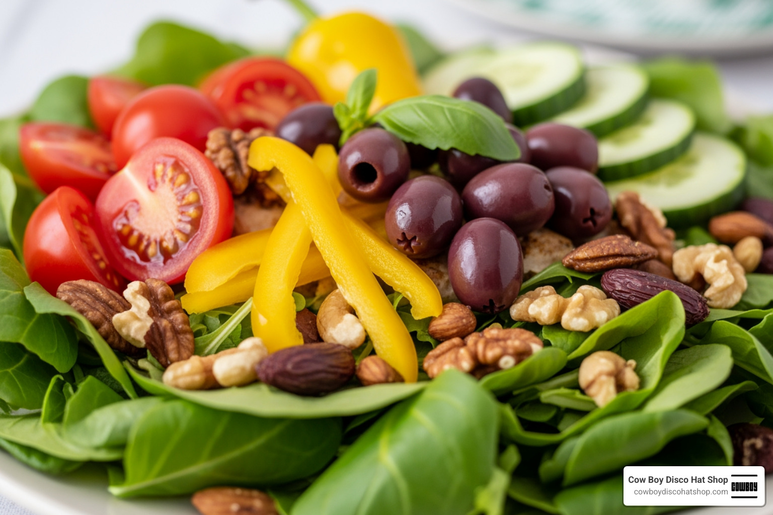A vibrant Mediterranean-style meal featuring leafy greens, nuts, and colorful vegetables A vibrant Mediterranean-style meal featuring leafy greens, nuts, and colorful vegetables