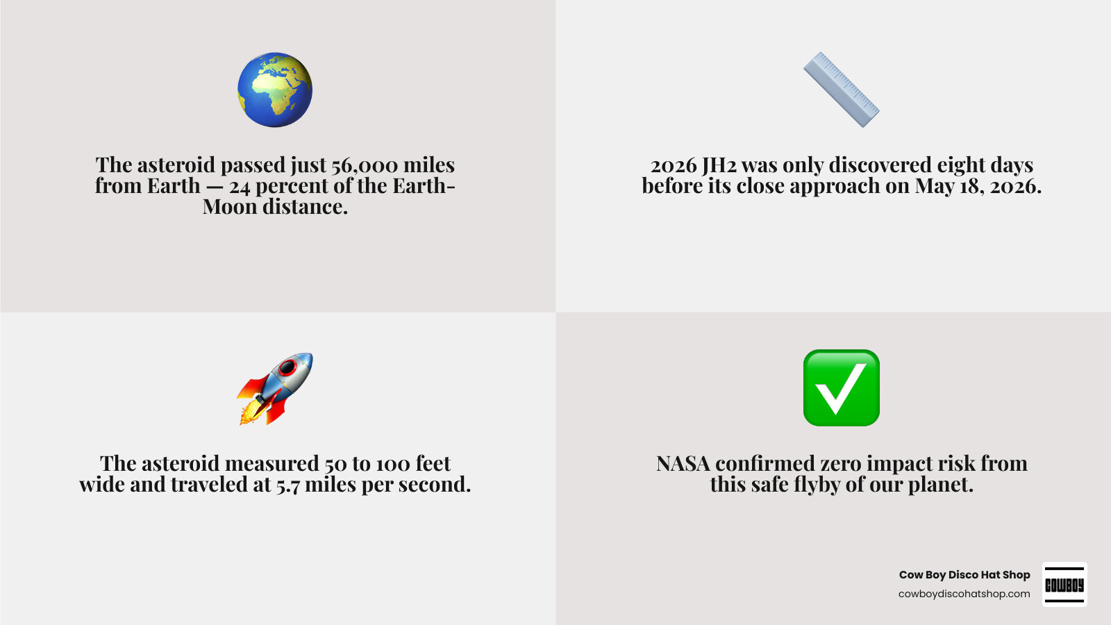 Infographic showing distances of Earth, Moon, satellites, and asteroid 2026 JH2 at 56,000 miles infographic