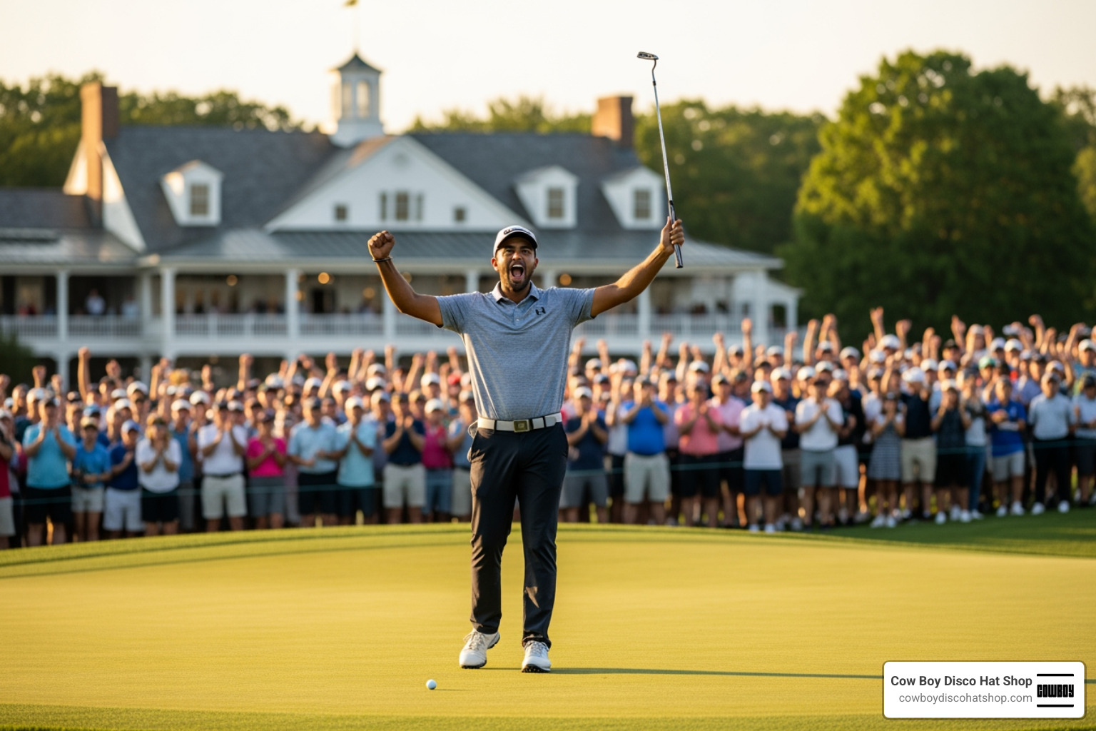 Aaron Rai celebrating on the 18th green after his final putt