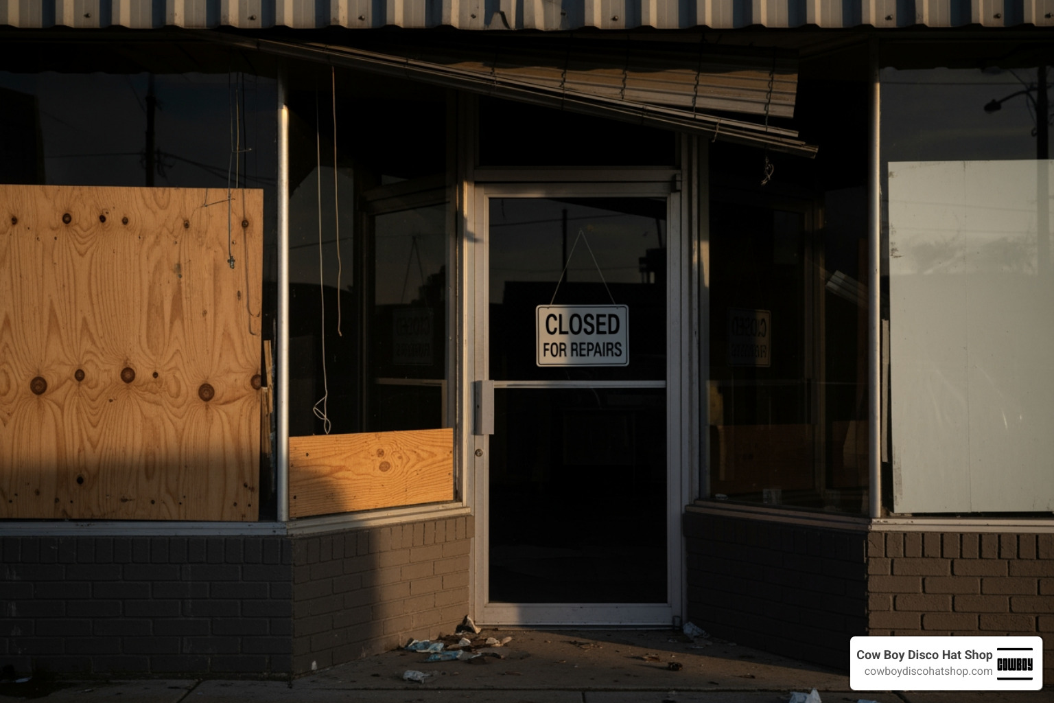 A "Closed for Repairs" sign hanging on a business storefront after a disaster