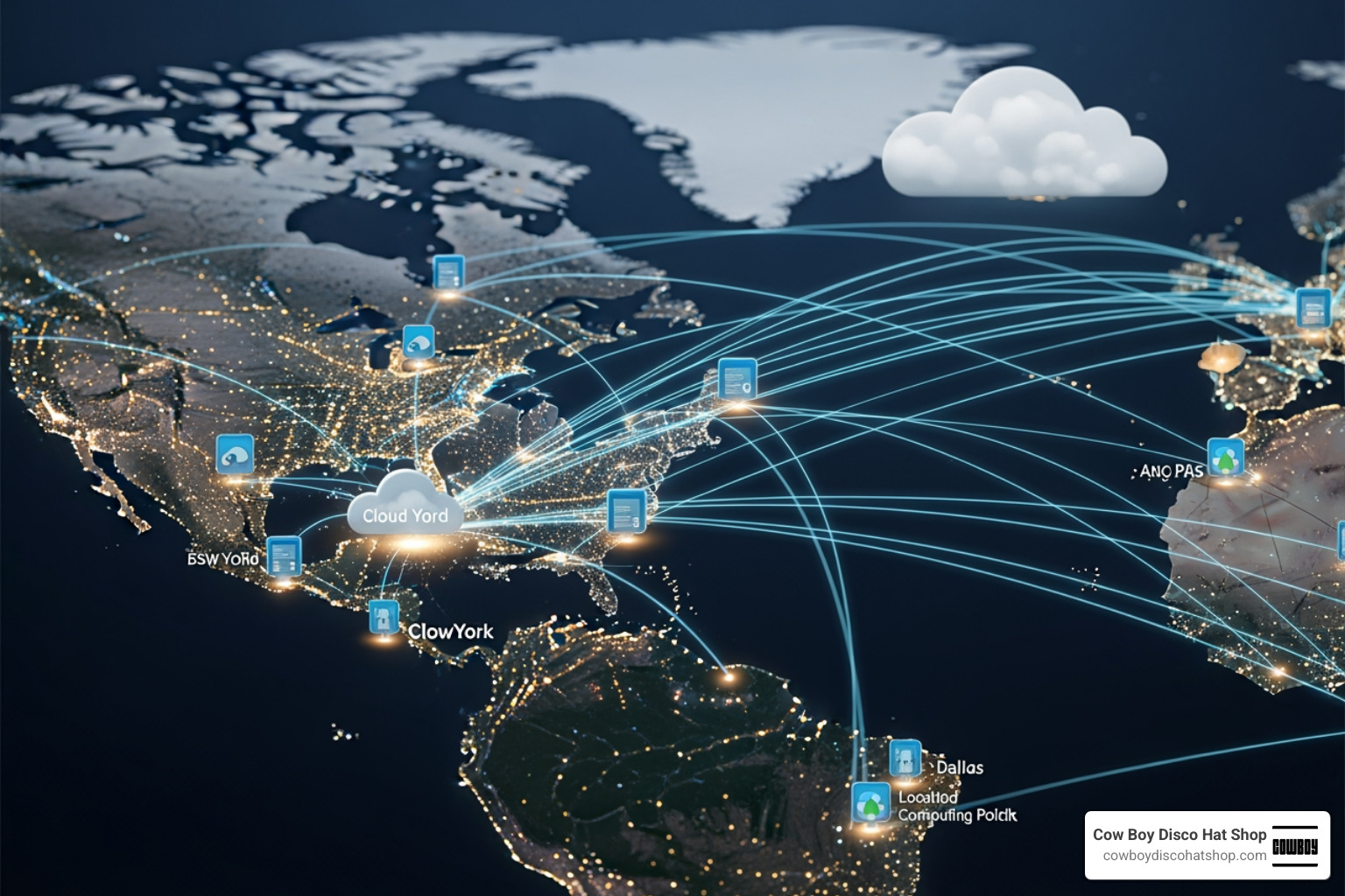 A distributed cloud network showing global nodes and edge computing points